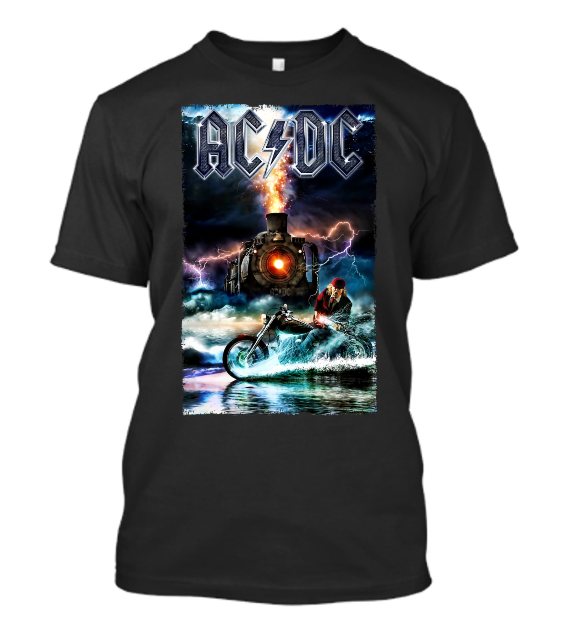 AC/DC Rock And Roll Train With Lightning And Motorbike Scene T-Shirt
