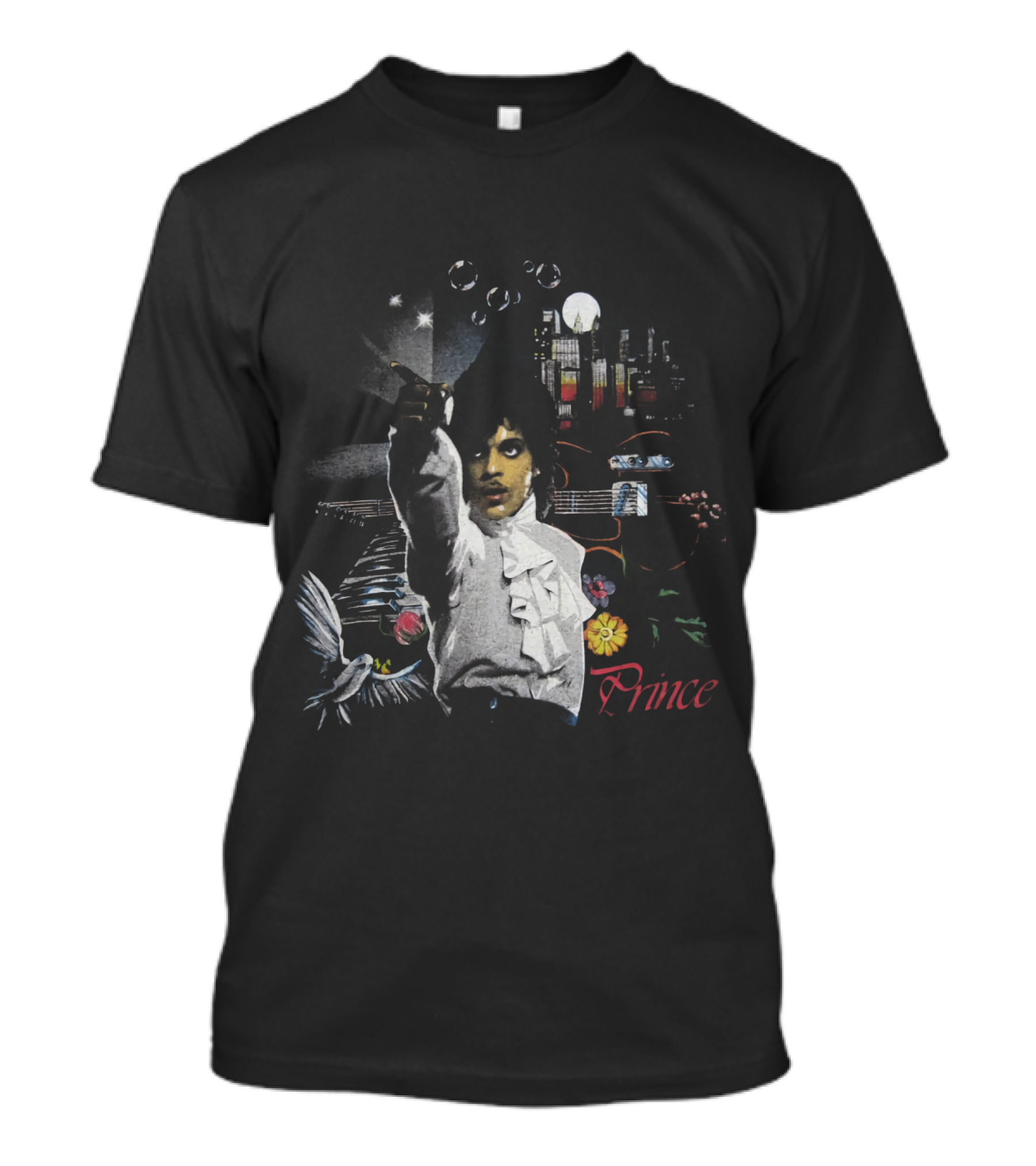 Prince Retro Iconic 1980s Music Legend With Guitar And City Skyline T-Shirt