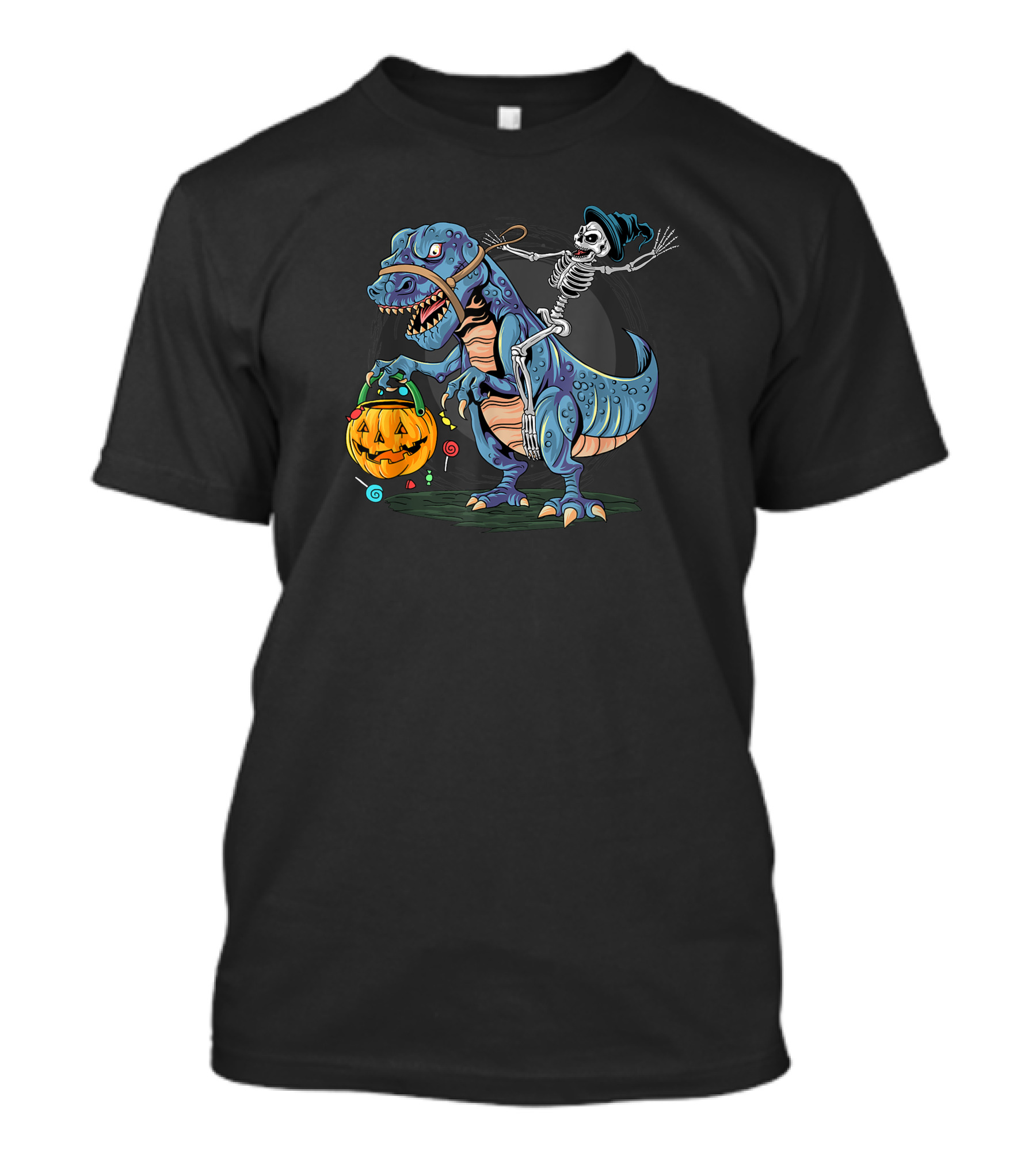 Skeleton With Candy Pumpkin Riding Rex Halloween T-Shirt