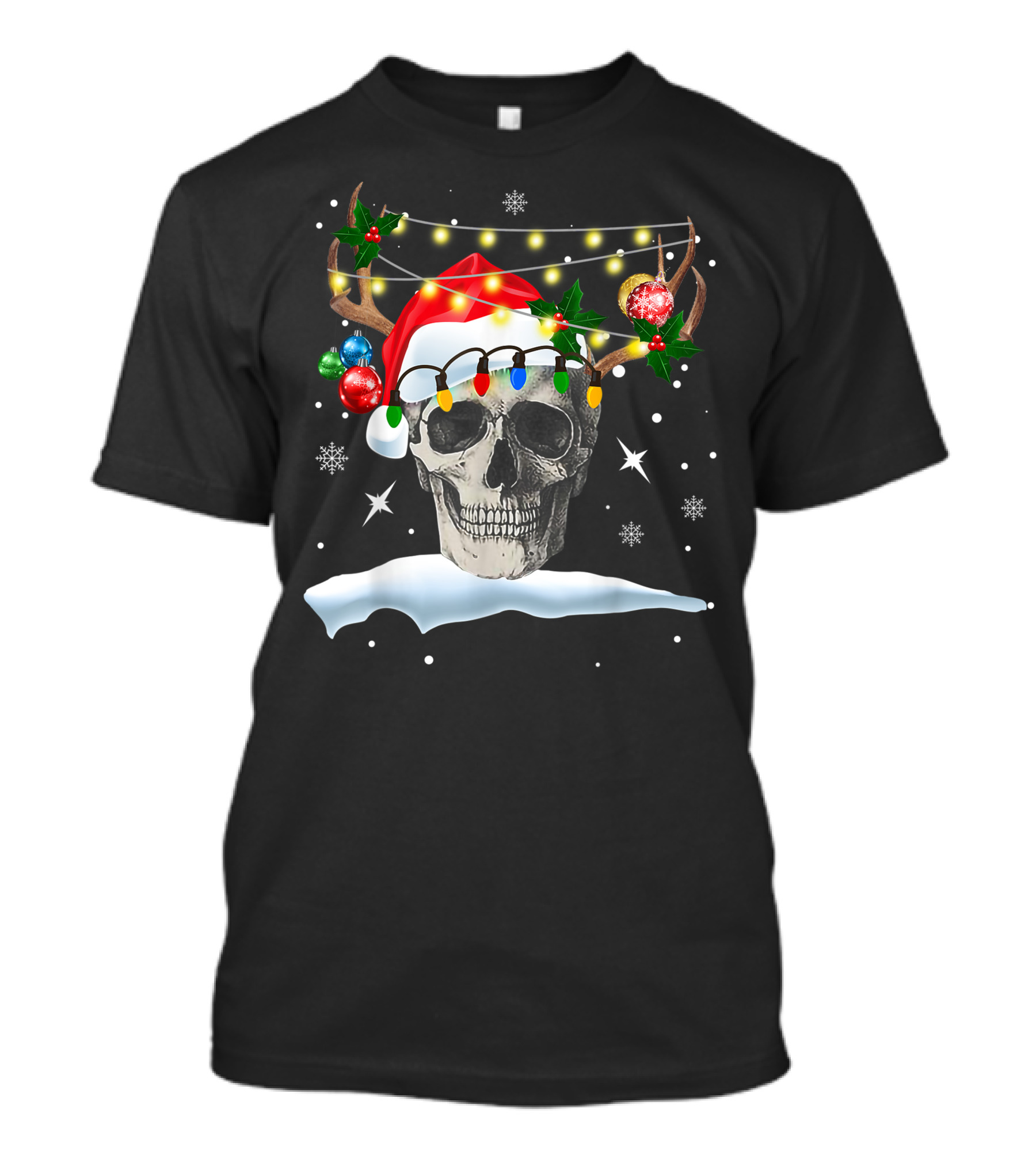 Skull Reindeer Christmas Funny Santa Hat Antlers Holiday Lights Snowflakes T-Shirt