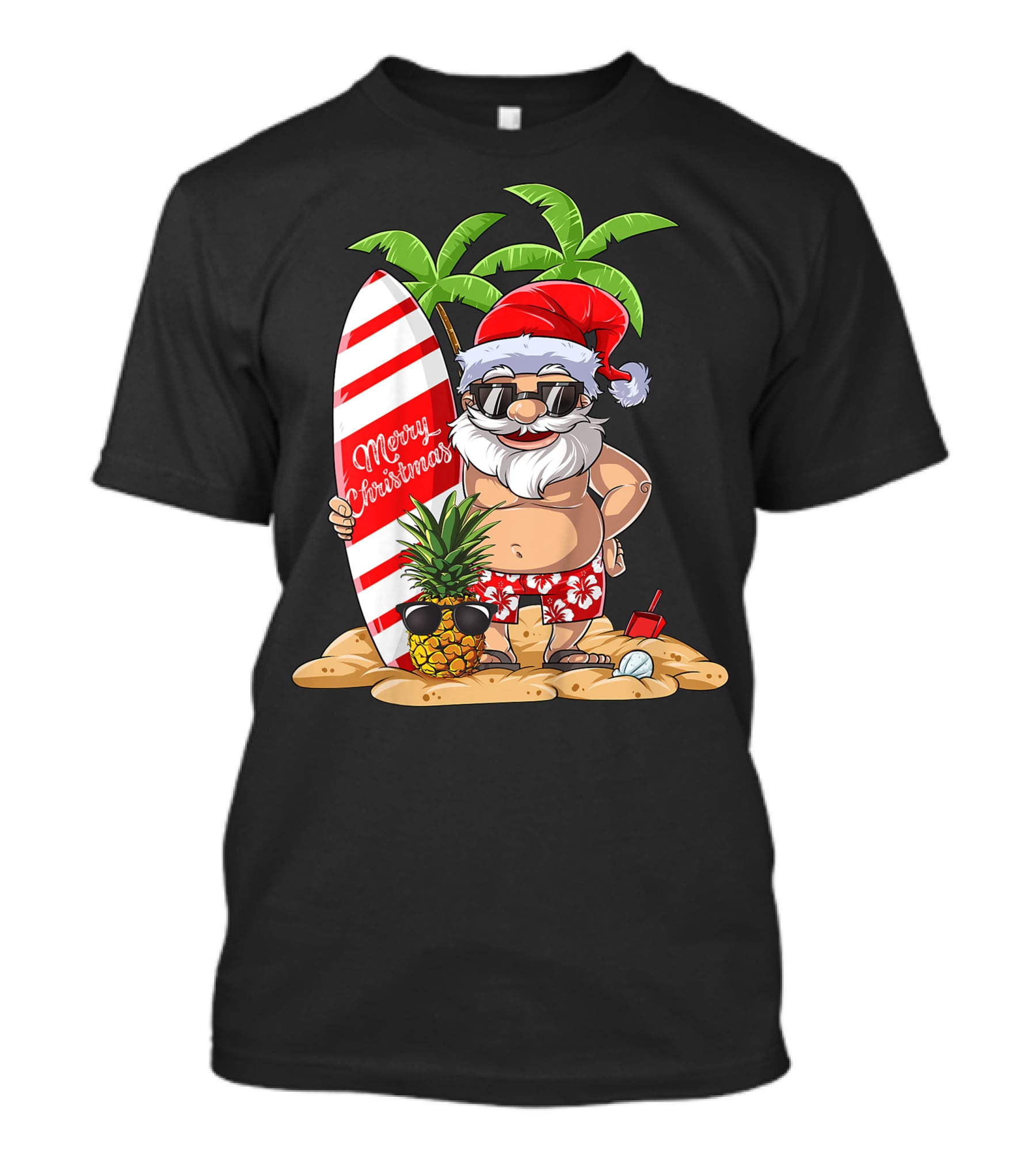 Merry Christmas Santa Hawaiian Surfing Summer Fun Pineapple Beach T-Shirt