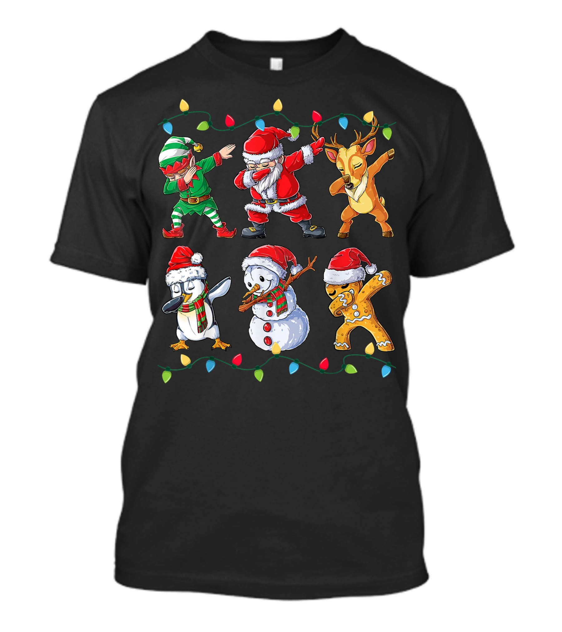 Dabbing Santa Claus Elf Reindeer Penguin Snowman Gingerbread Friends Christmas Lights T-Shirt