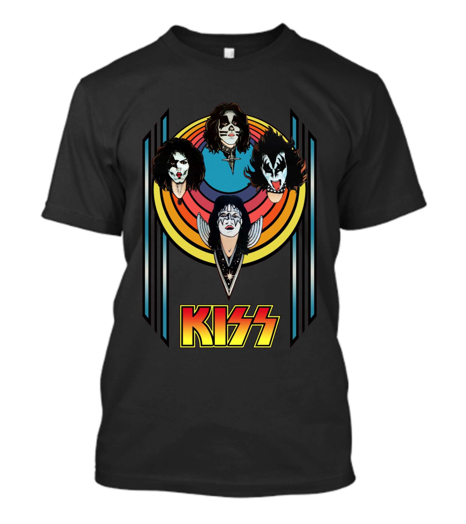 Kiss Band Iconic Faces With Colorful Stripes Retro Style T-Shirt
