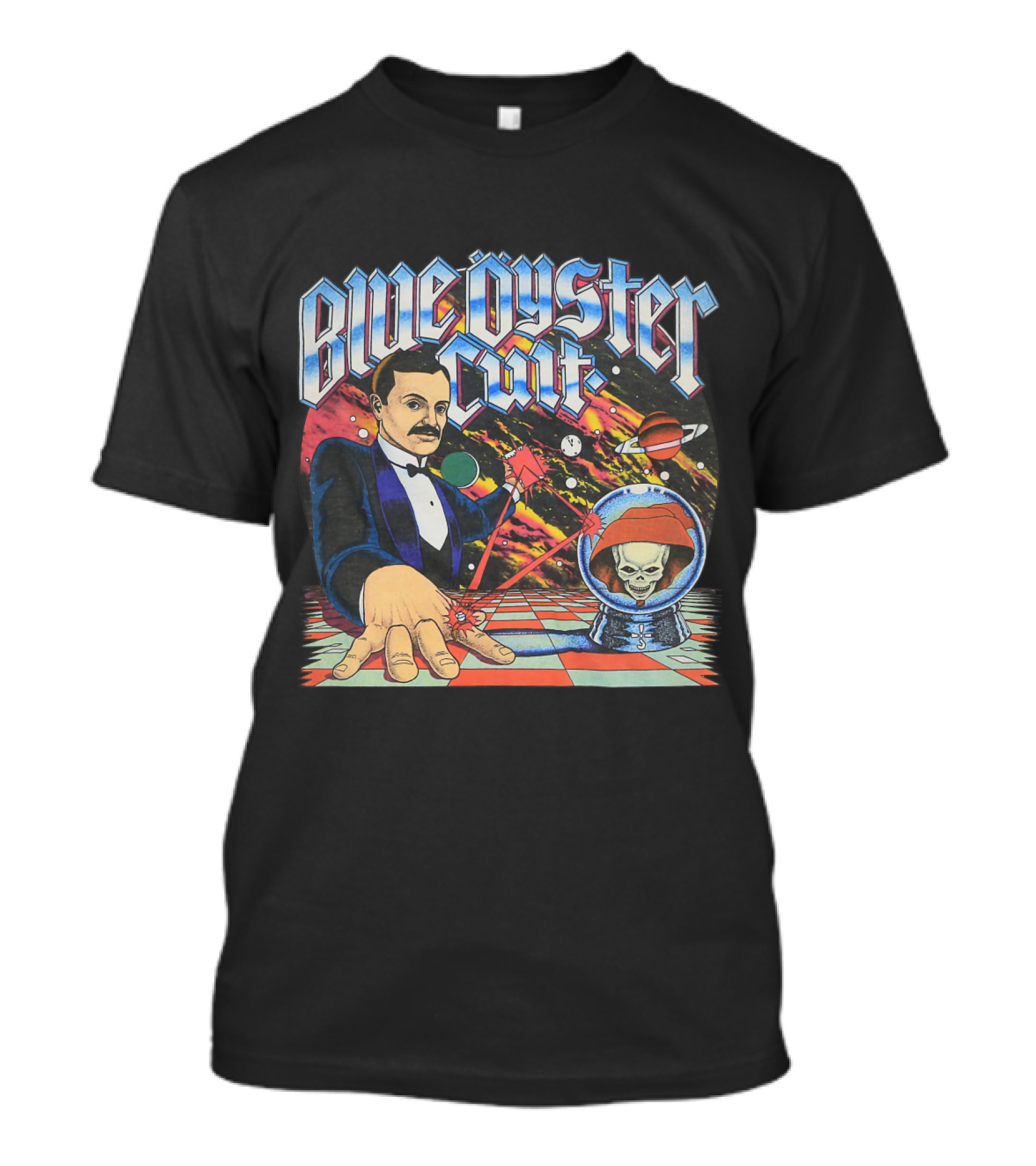 Blue Öyster Cult Science Fiction Cosmic Man And Alien Skull Planets T-Shirt