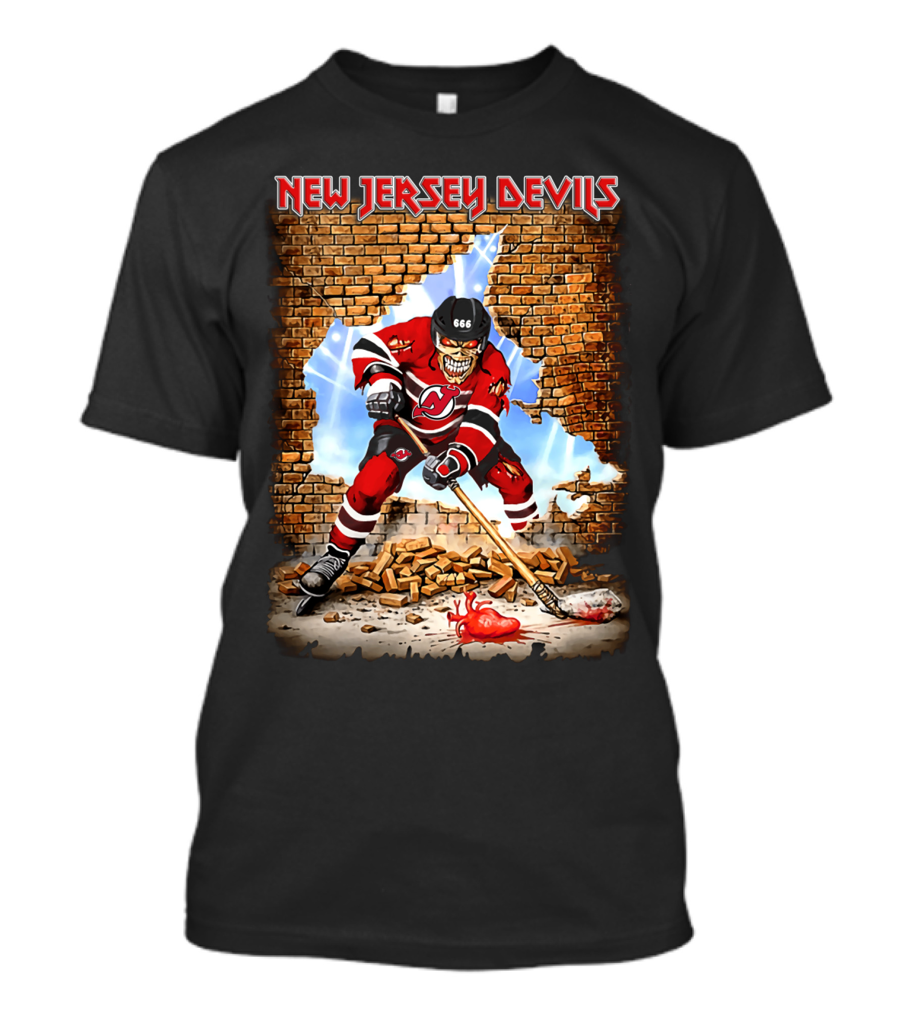 New Jersey Devils Hockey Skeleton Breaking Through Brick Wall T-Shirt