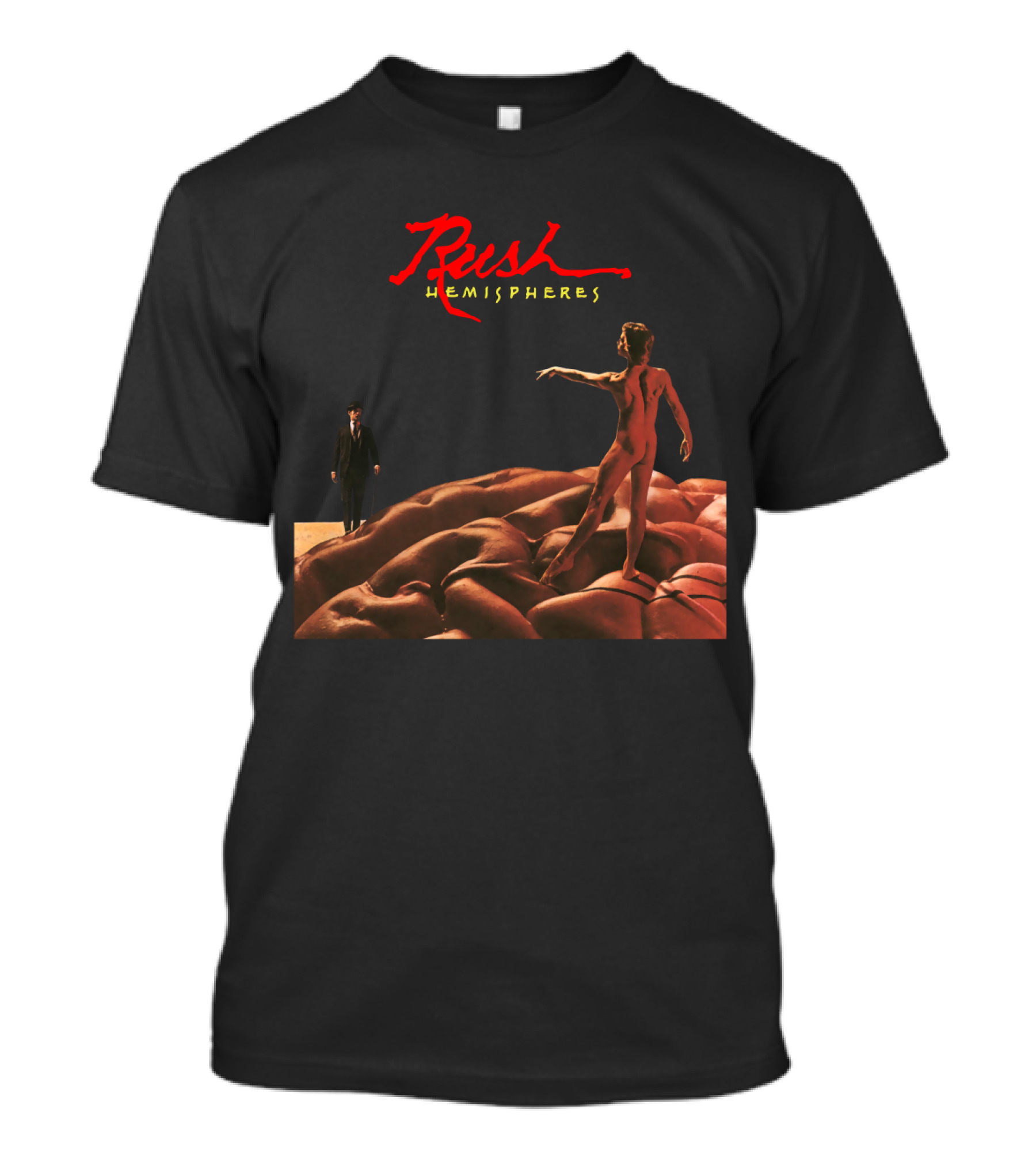 Rush Hemispheres Red Text Nude Figure On Brain With Man In Black Suit T-Shirt