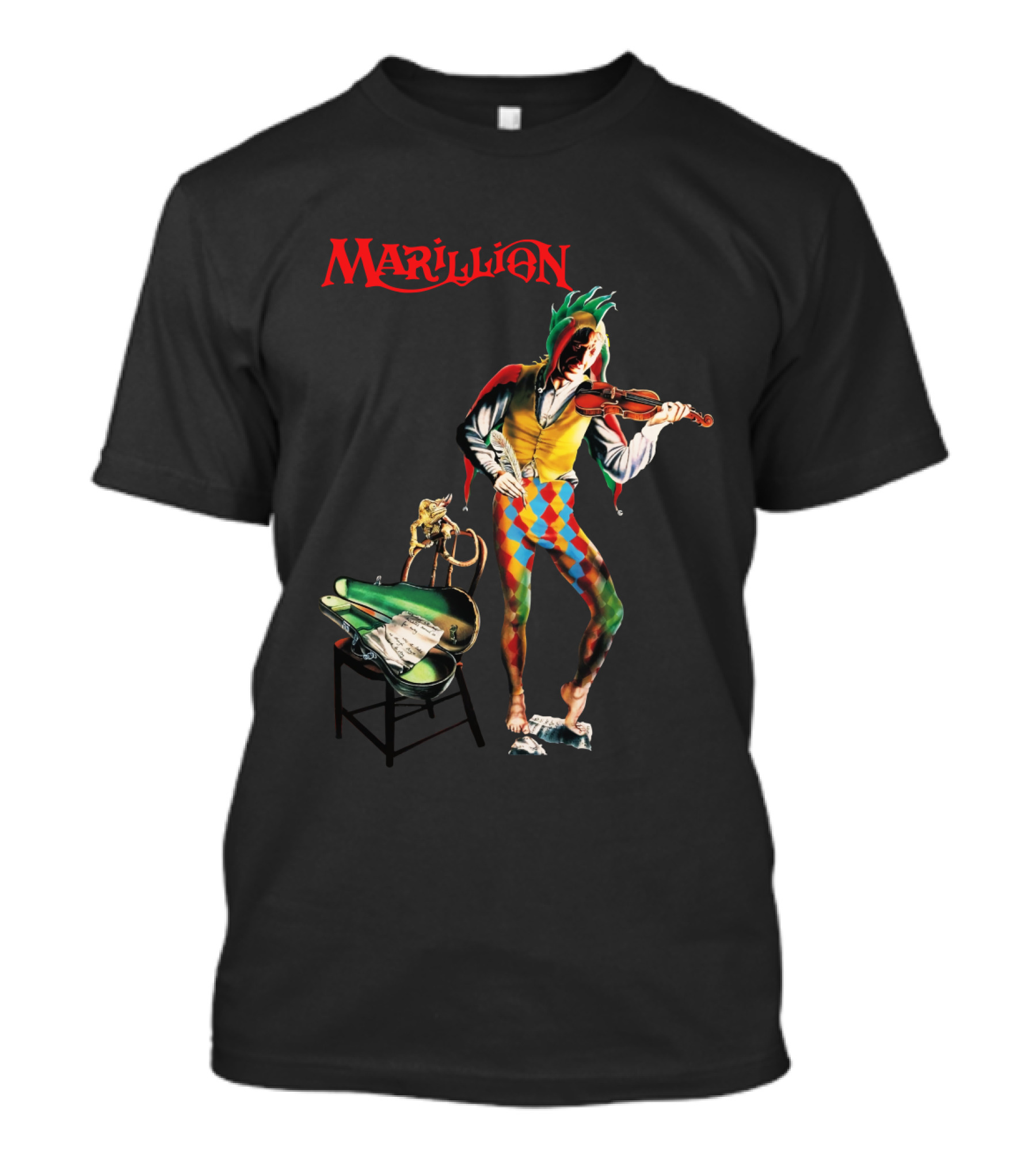 Marillion Script For A Jester's Tear Violin Playing Jester With Sheet Music And Harlequin Colors T-Shirt