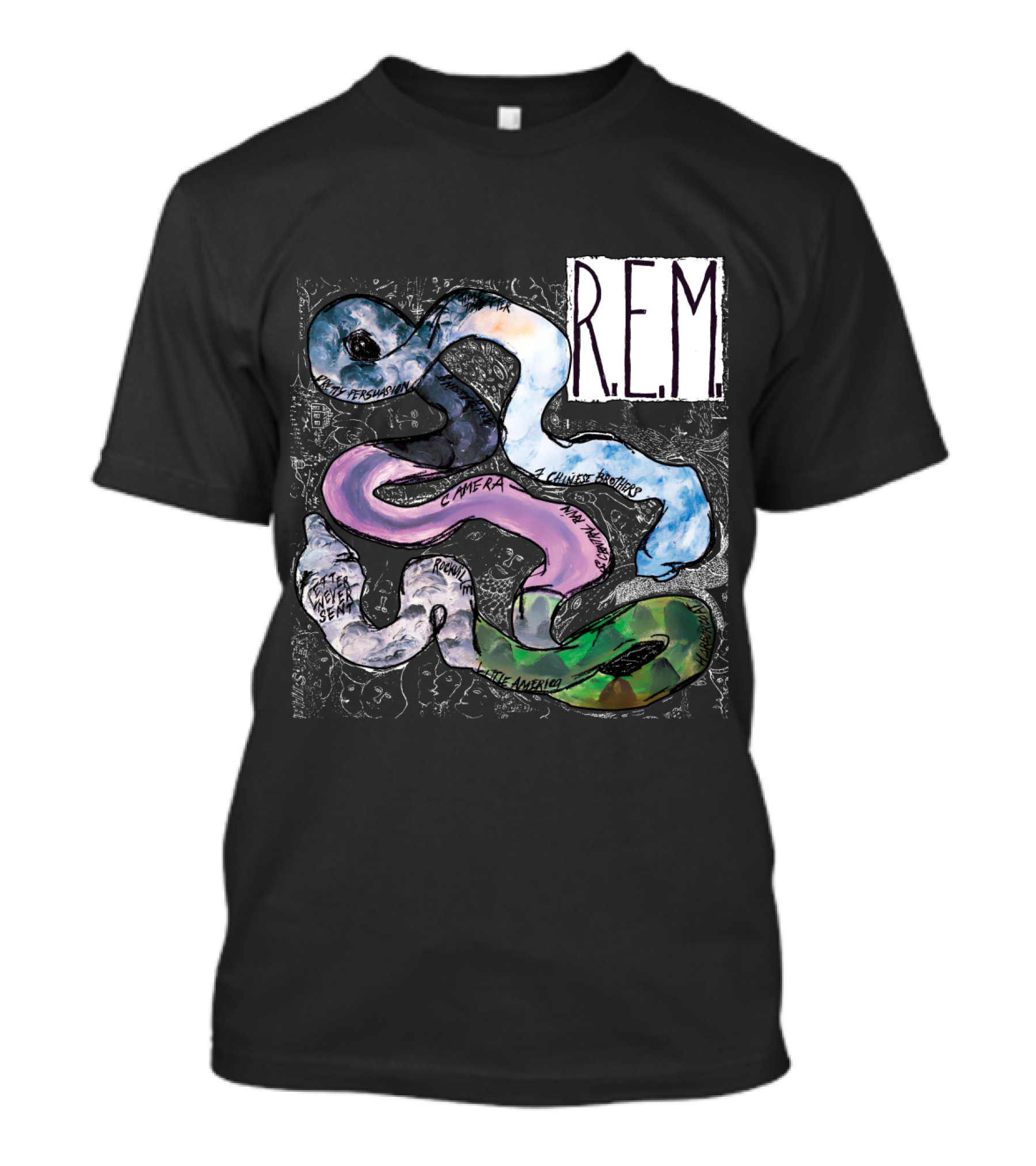 R.E.M. Fifteen Reckoning Camera Seven Chinese Letter Adventure T-Shirt