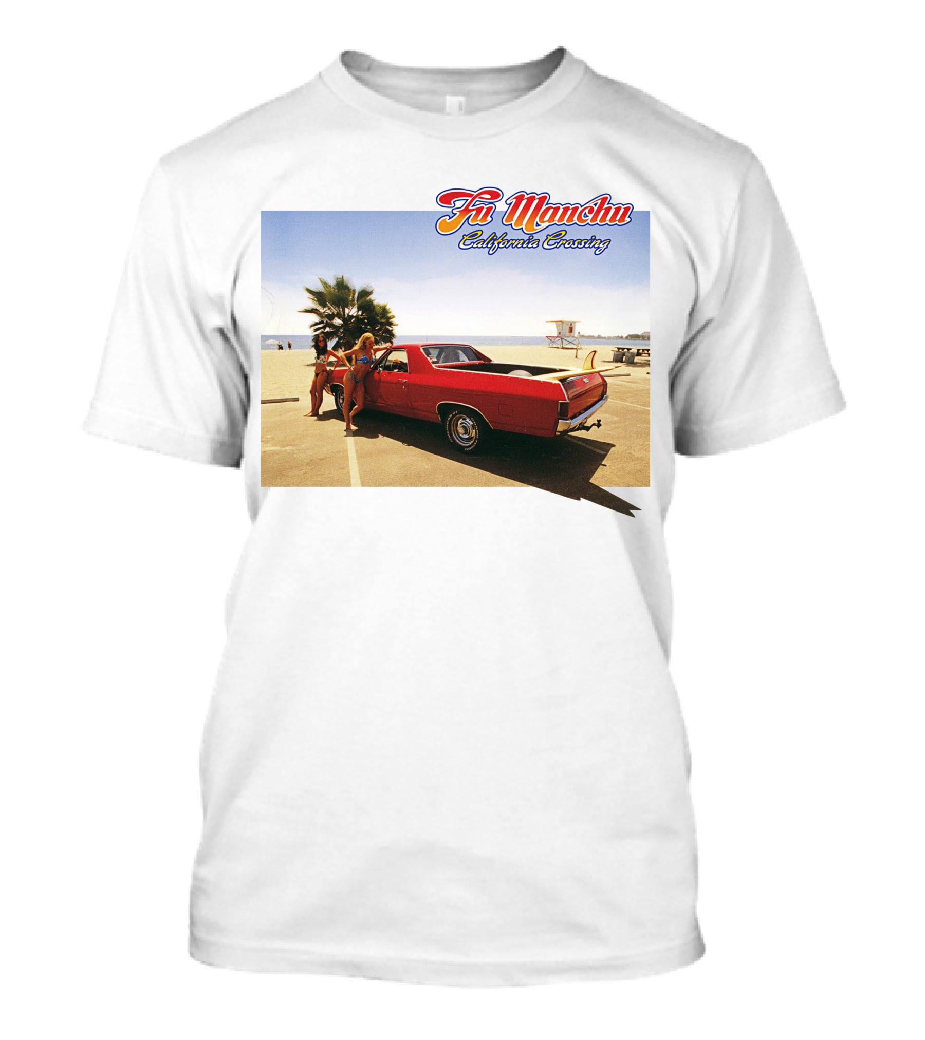 Fu Manchu California Crossing Red Car Beach Scene T-Shirt