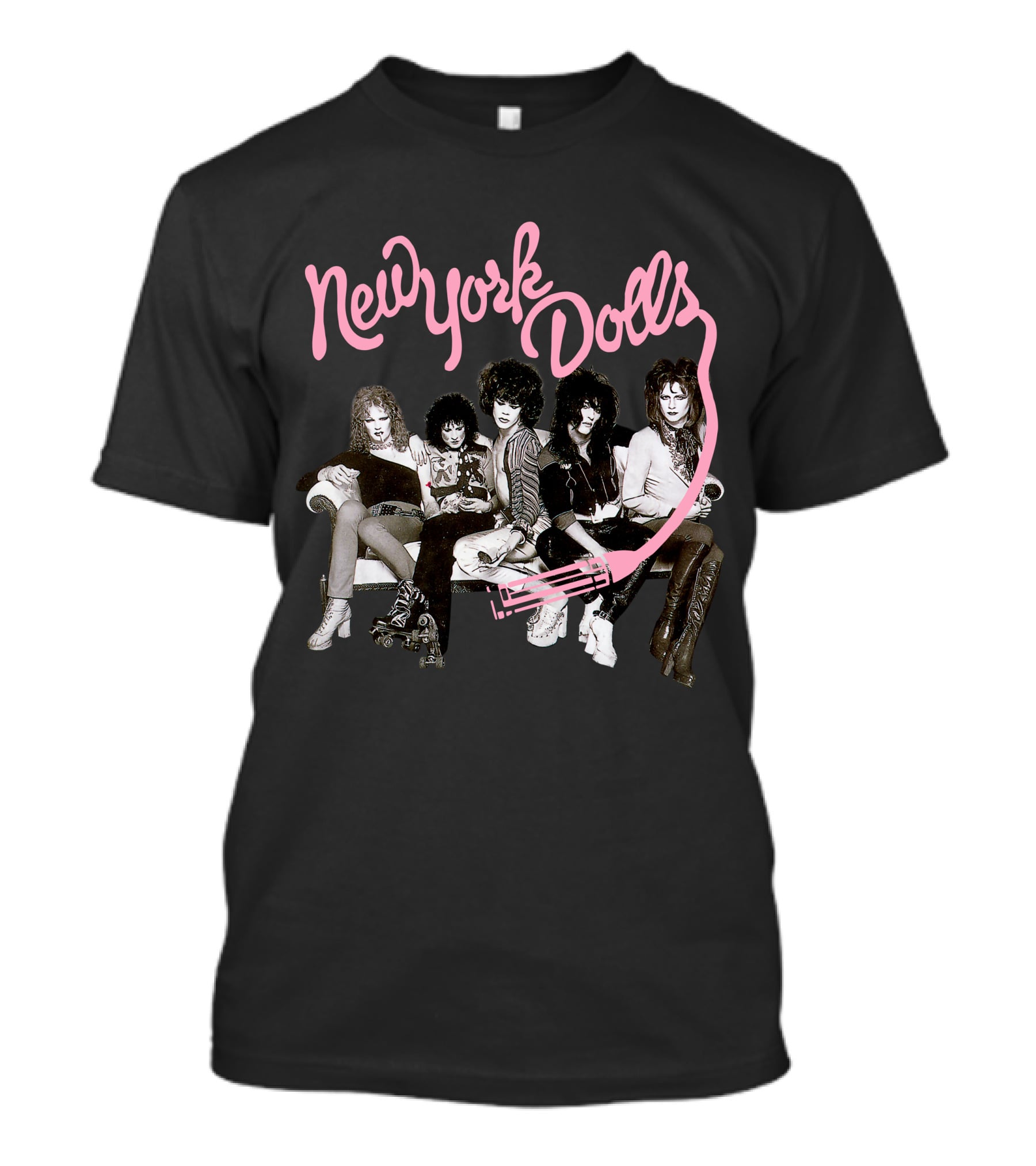 New York Dolls Band Pink Logo And Group Photo T-Shirt