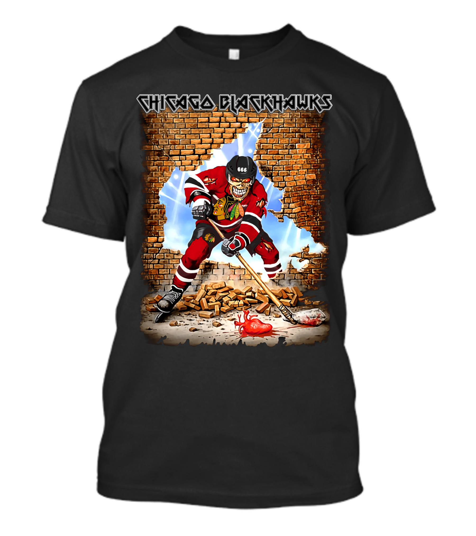 Chicago Blackhawks Hockey Skeleton Breaking Through Wall T-Shirt