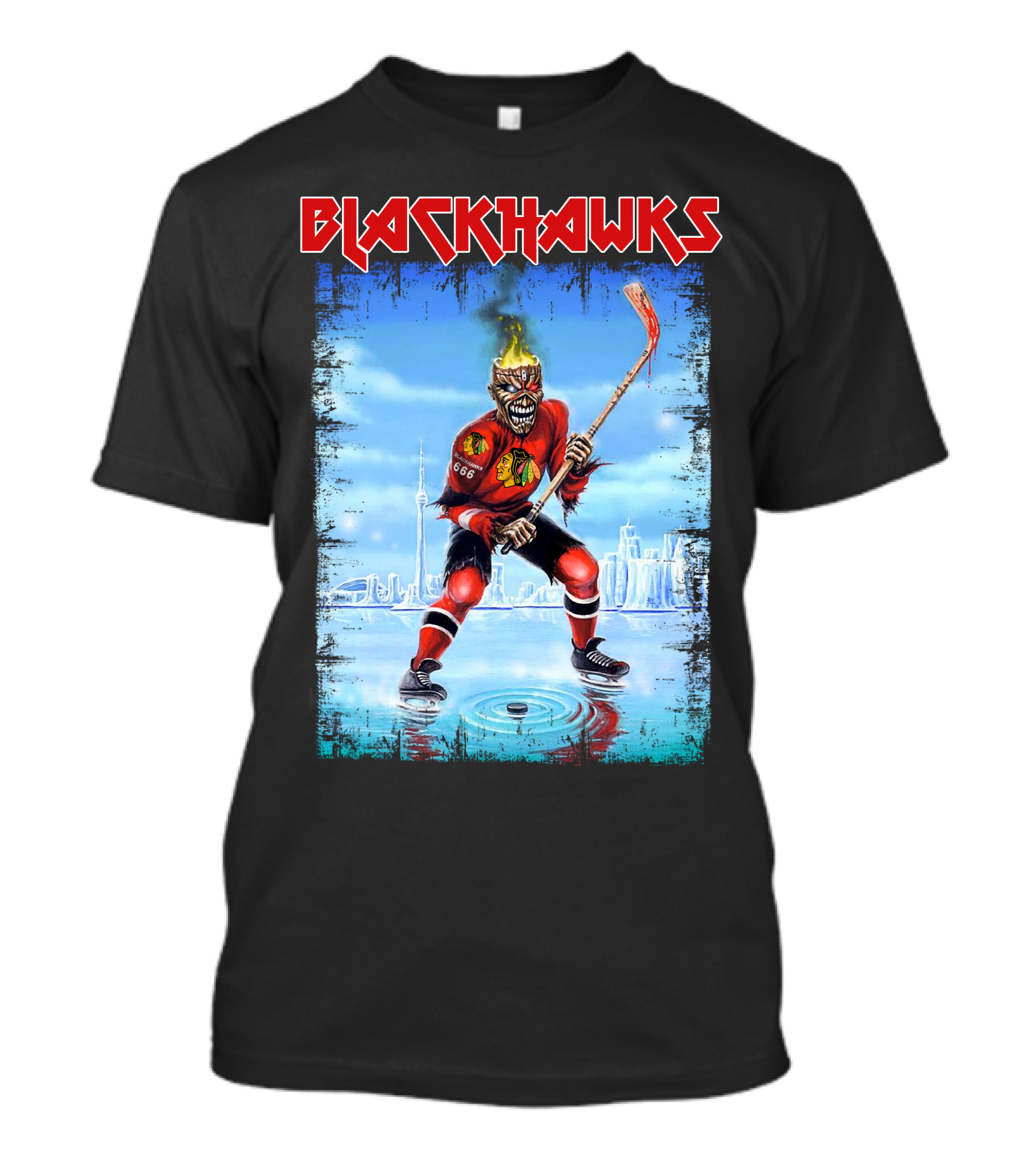 Blackhawks Ice Hockey Skeleton Player With Flaming Head And Hockey Stick T-Shirt