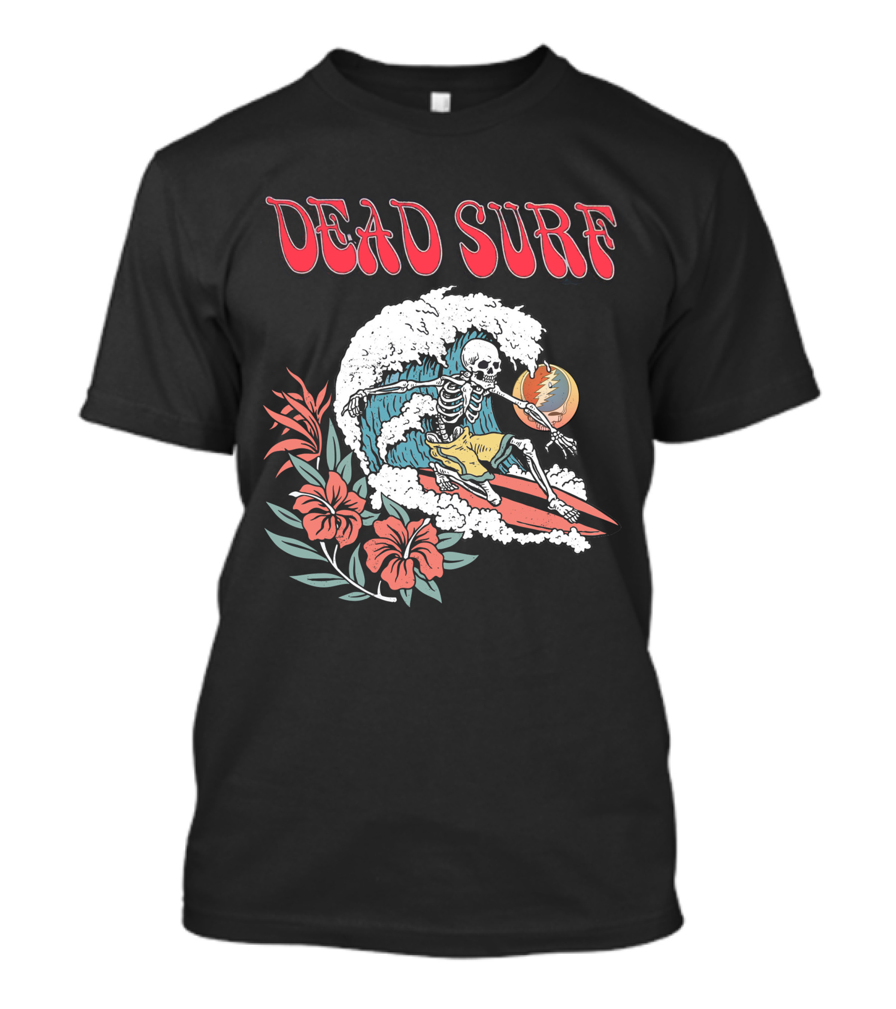 Dead Surf Skeleton Riding Wave With Hibiscus Flowers And Full Moon T-Shirt