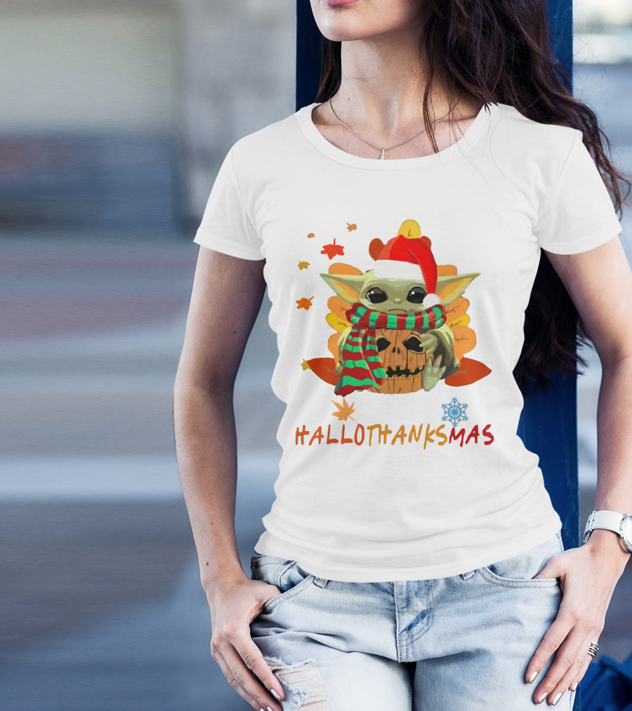 HALLOTHANKSMAS Baby Yoda Pumpkin Scarf Santa Hat Leaves Snowflake T-Shirt