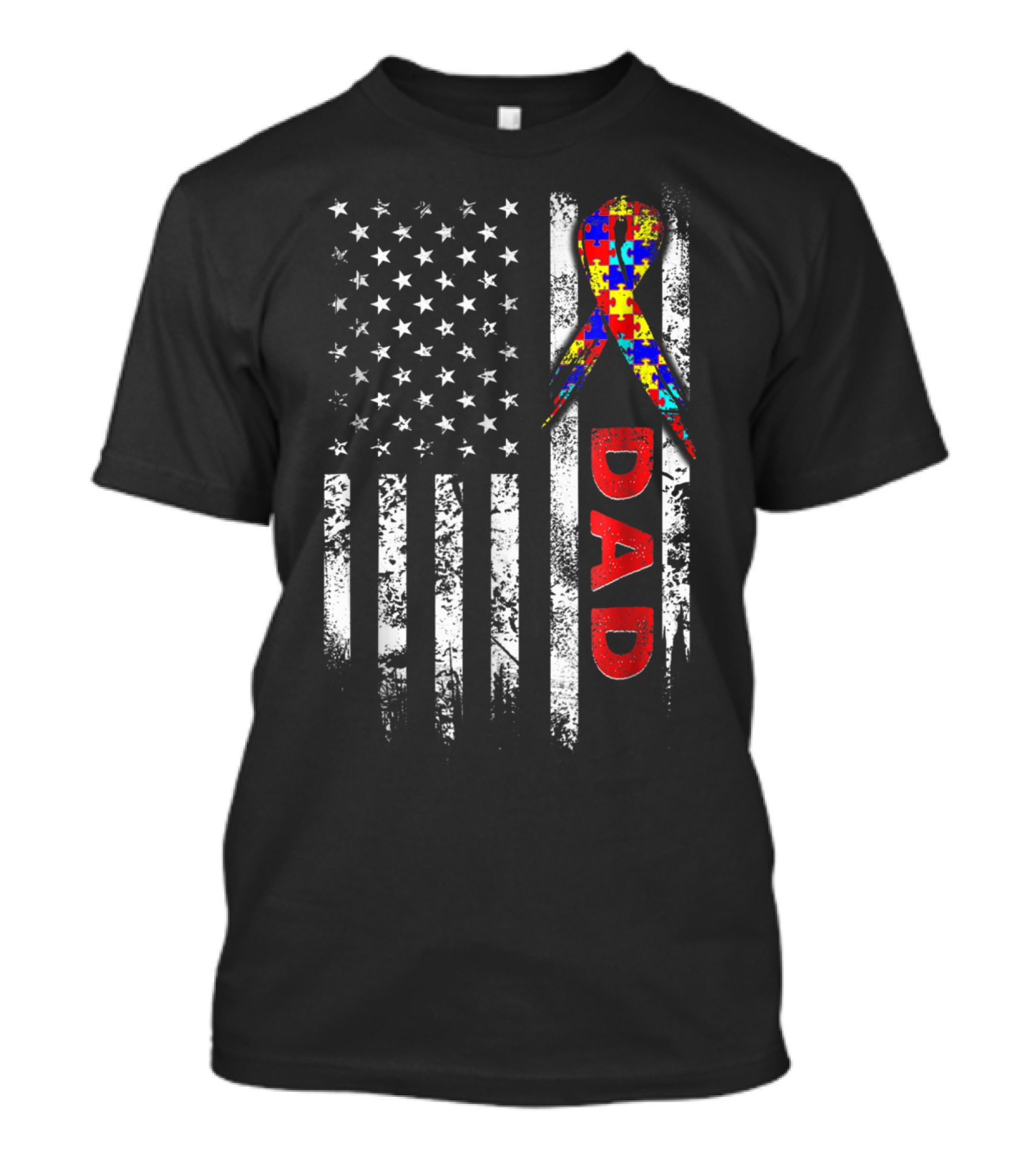 Autism Awareness American Flag Dad Ribbon Puzzle T-Shirt