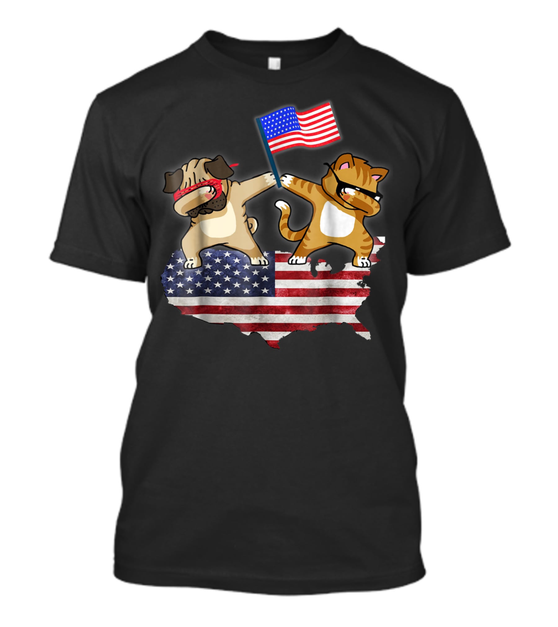 Dad Joke Loading Patriotic Pug And Cat Dabbing With American Flag USA Map T-Shirt