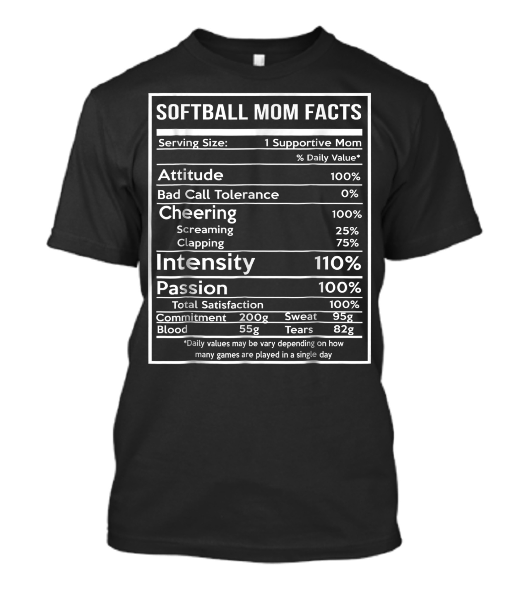 Softball Mom Facts Serving Size 1 Supportive Mom Attitude Cheering Intensity Passion Total Satisfaction Commitment Sweat Blood Tears T-Shirt