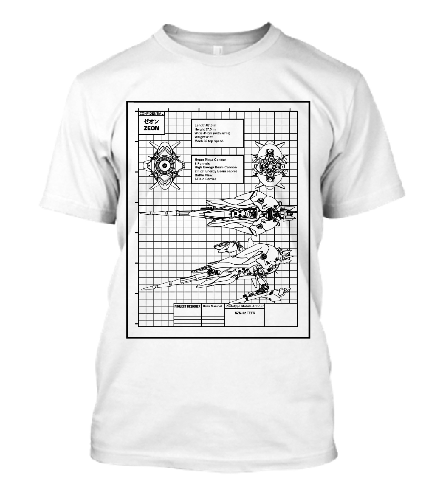 CONCEPT-X6-1-2 ZEON PROJECT DESIGNER Brian Marshall Prototype Mobile Armour NZM-92 TEERX HYPER MEGA CANNON High Energy Beam Cannon High Energy Beam Sabres Finied Barrier T-Shirt