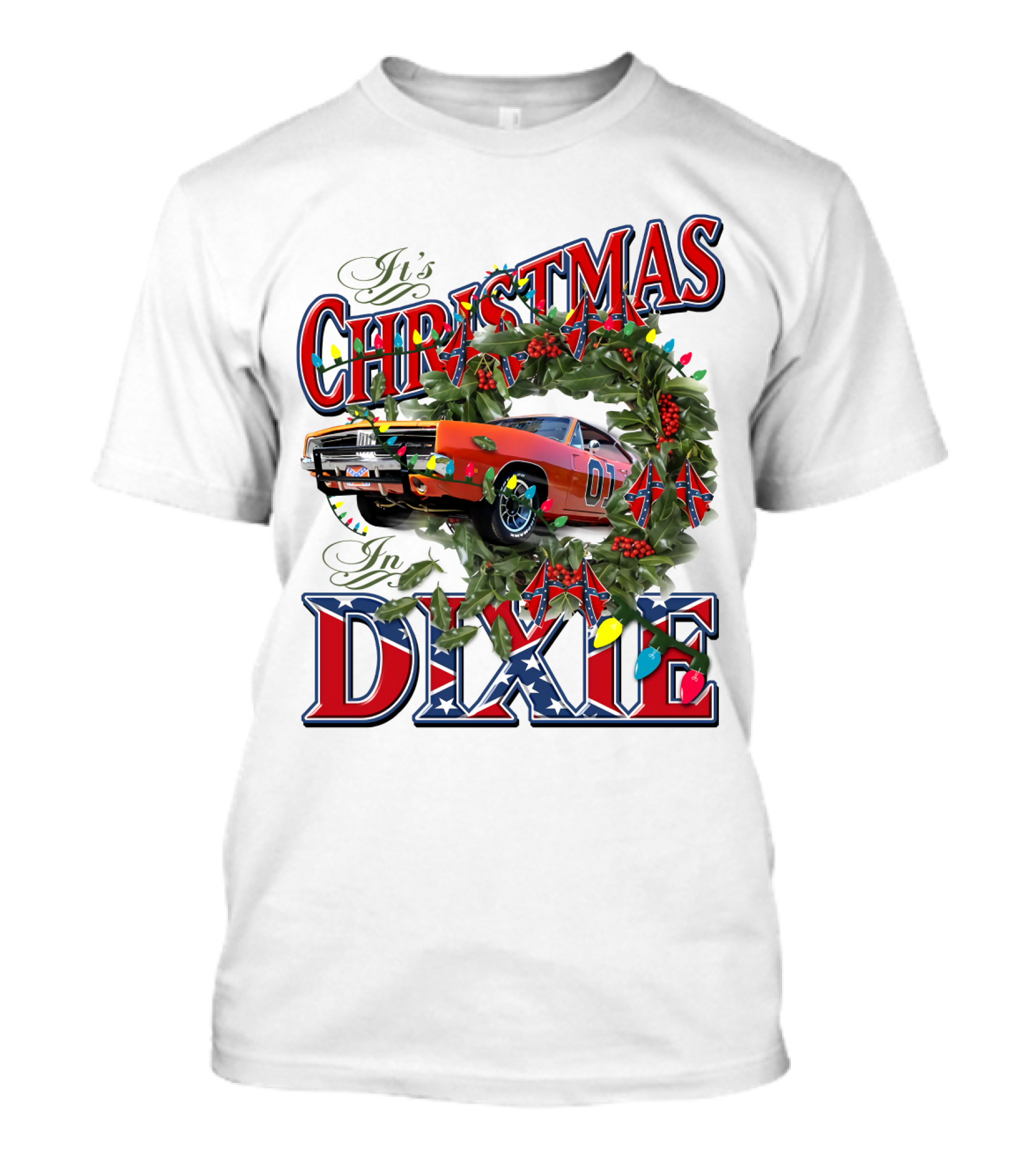 It's Christmas In Dixie 01 General Lee Car Wreath Lights T-Shirt