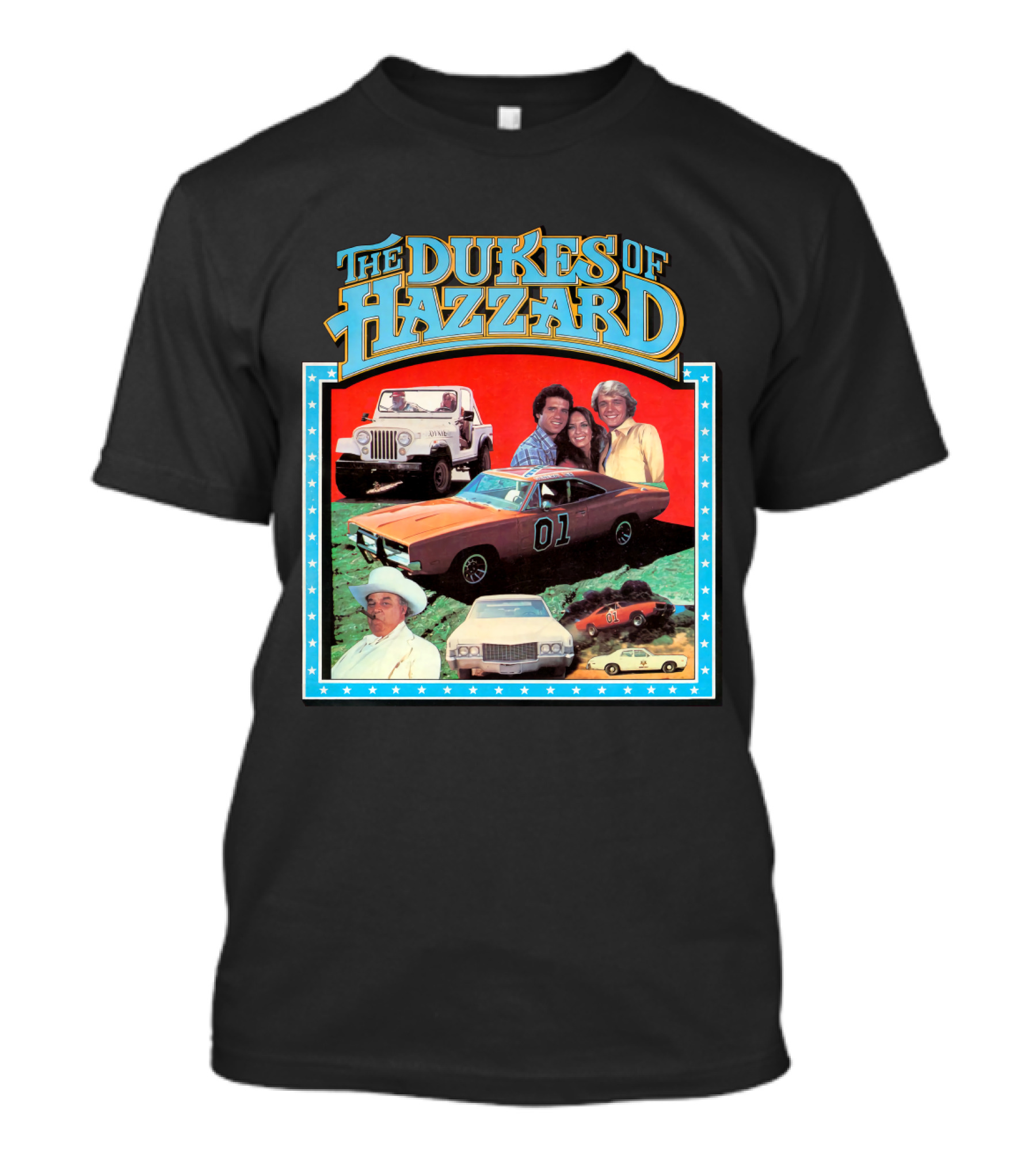 The Dukes Of Hazzard 01 Car And Characters With Jeep And Cowboy Hat T-Shirt