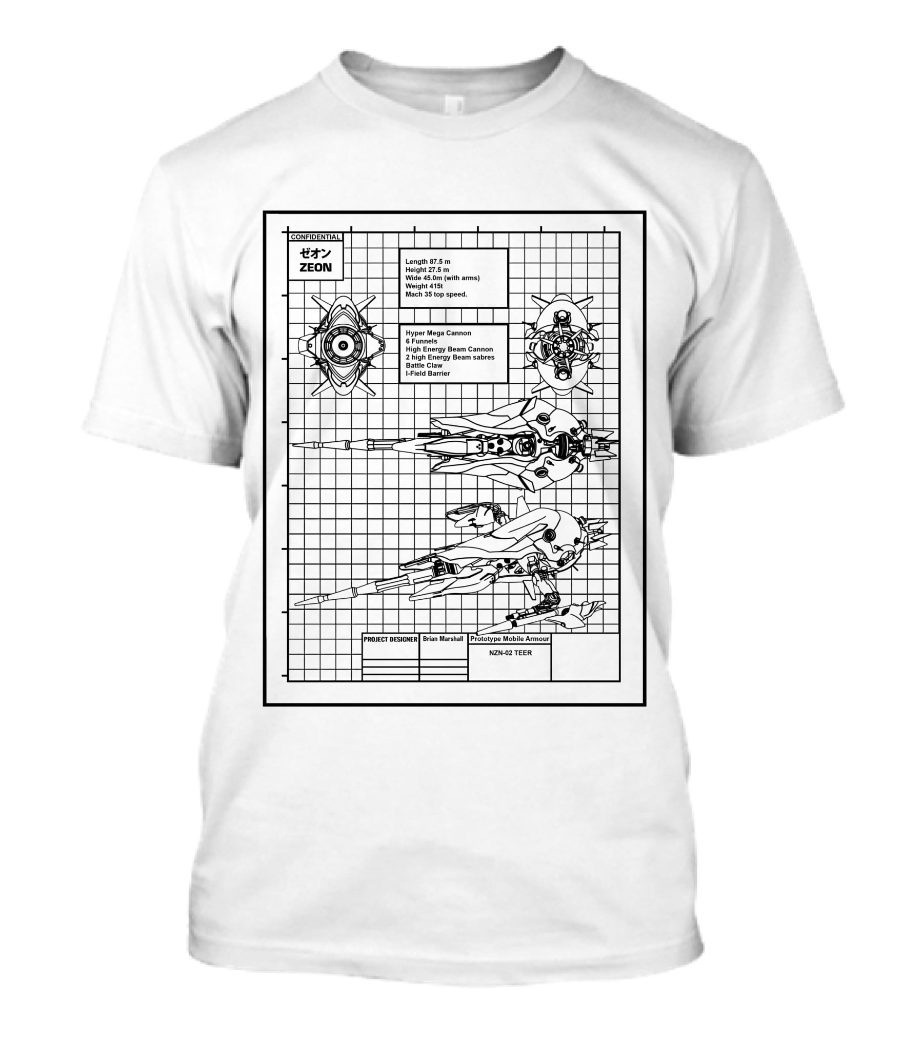 Zeon Hyper Mega Canon Prototype Mobile Armor Nz-666 Kshatriya Blueprint T-Shirt