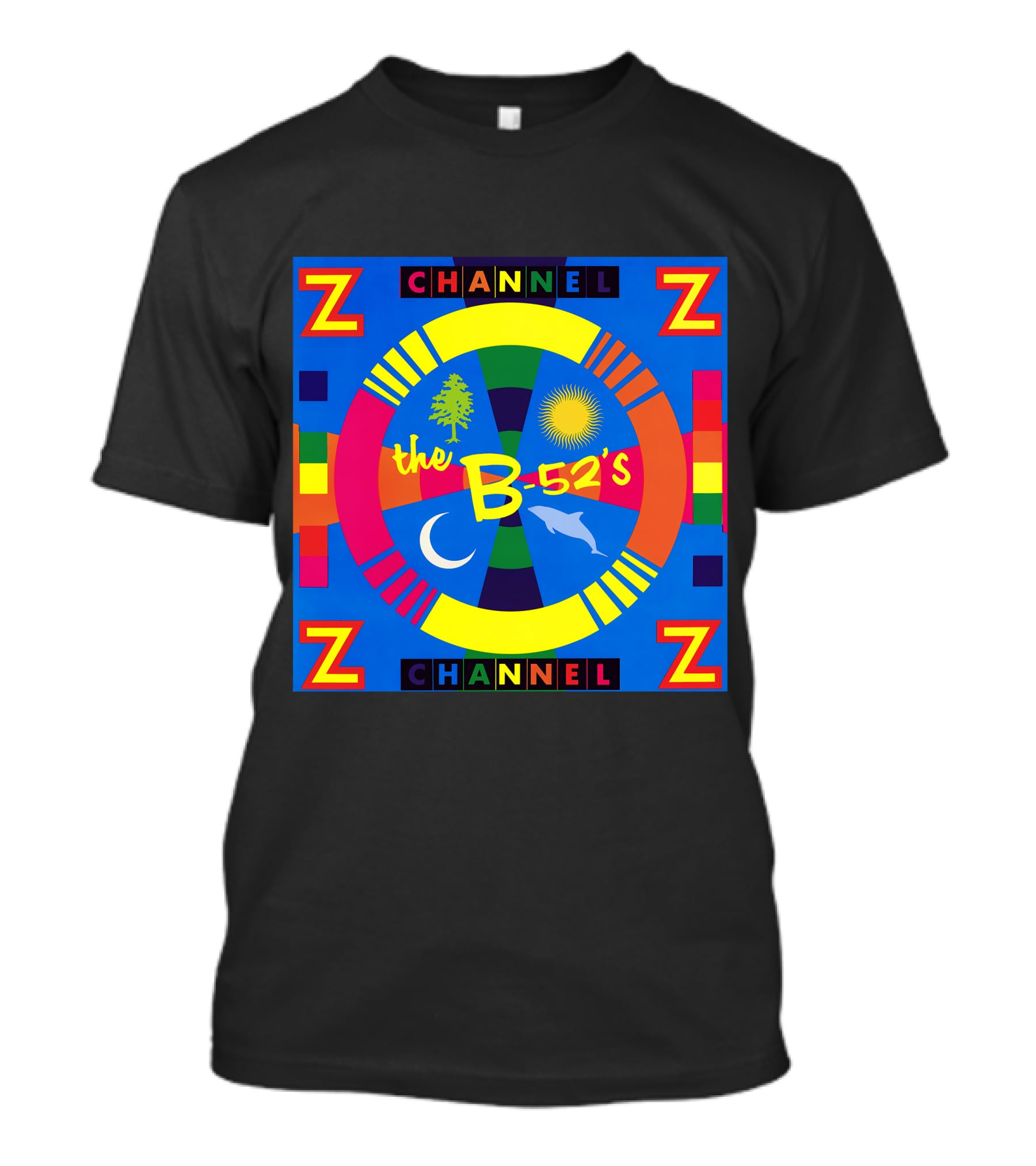 Channel Z The B-52's Colorful Circular Symbols Moon Dolphin Sun Tree T-Shirt