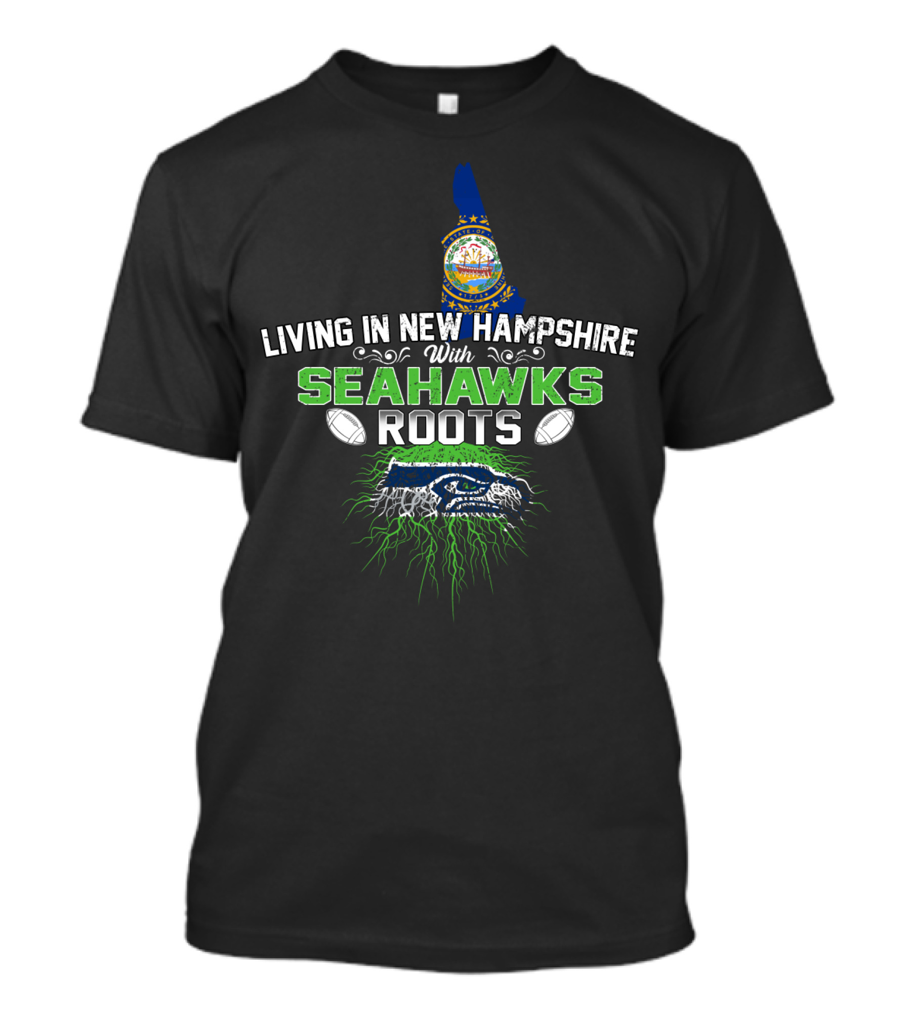 Living In New Hampshire With SEAHAWKS Roots And New Hampshire State Outline And Seahawks Colors T-Shirt