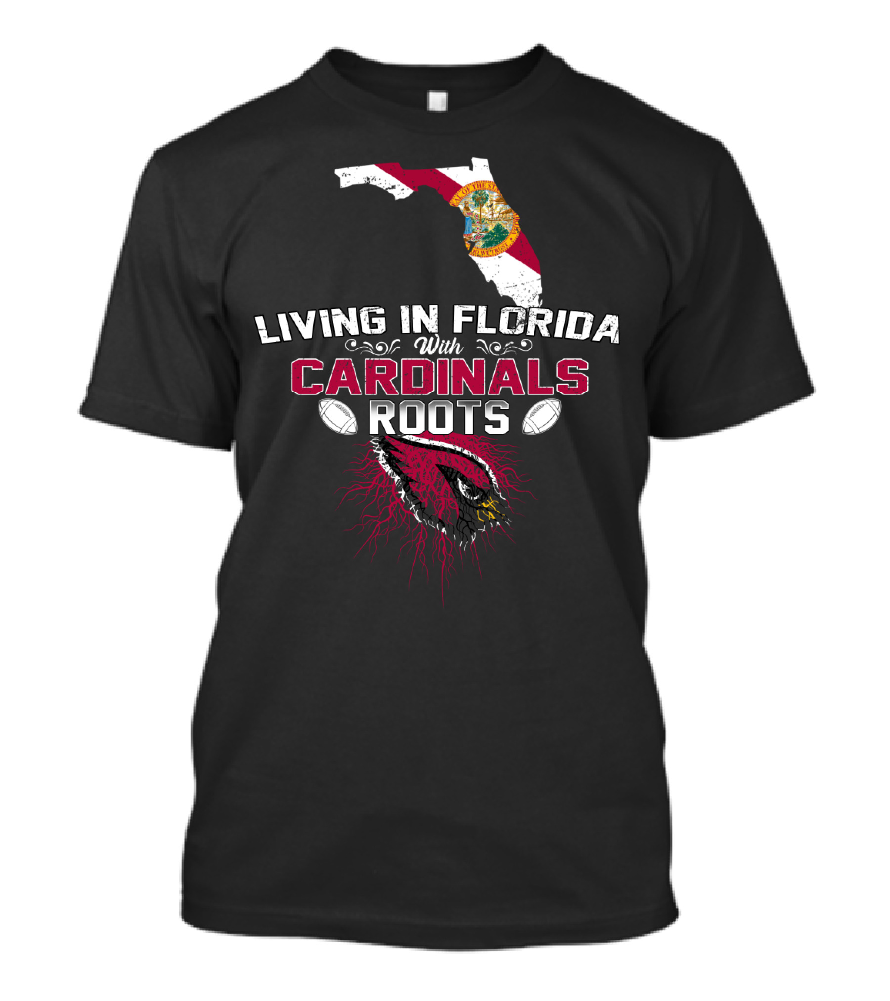 Living In Florida With Nfl Arizona Cardinals Roots And Florida State Map T-Shirt