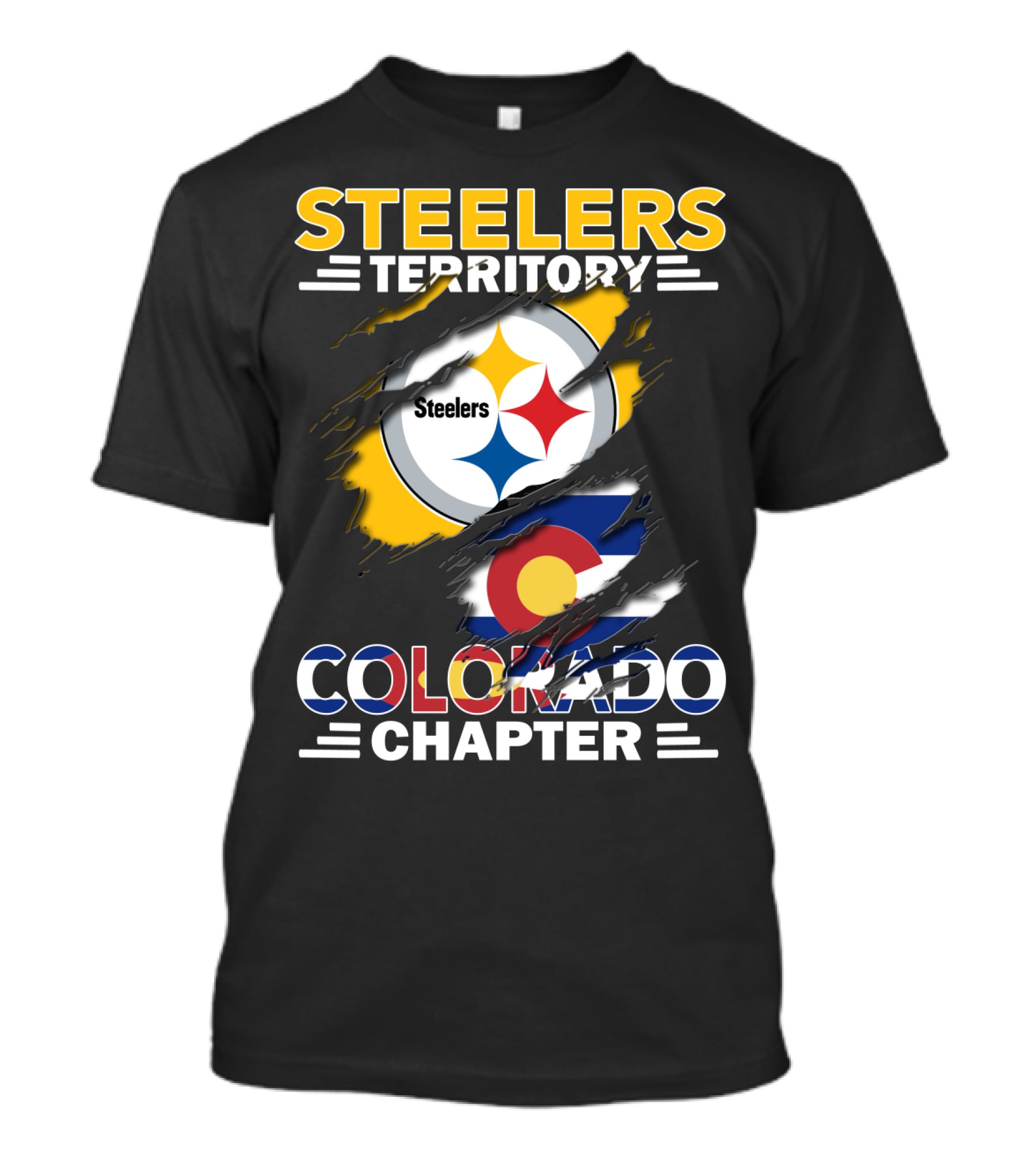 Steelers Territory Colorado Chapter Logo With Colorado Flag And Steelers T-Shirt