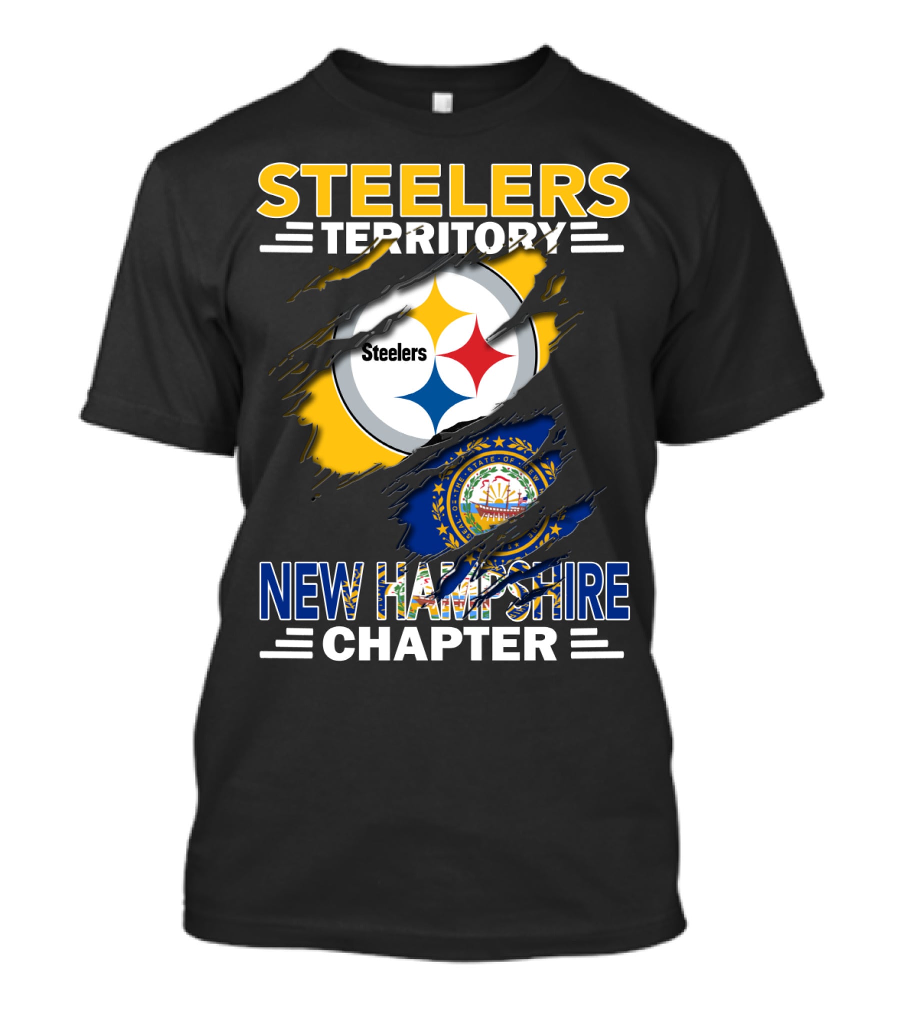 Steelers Territory New Hampshire Chapter Ripped Design Logo New Hampshire Flag T-Shirt