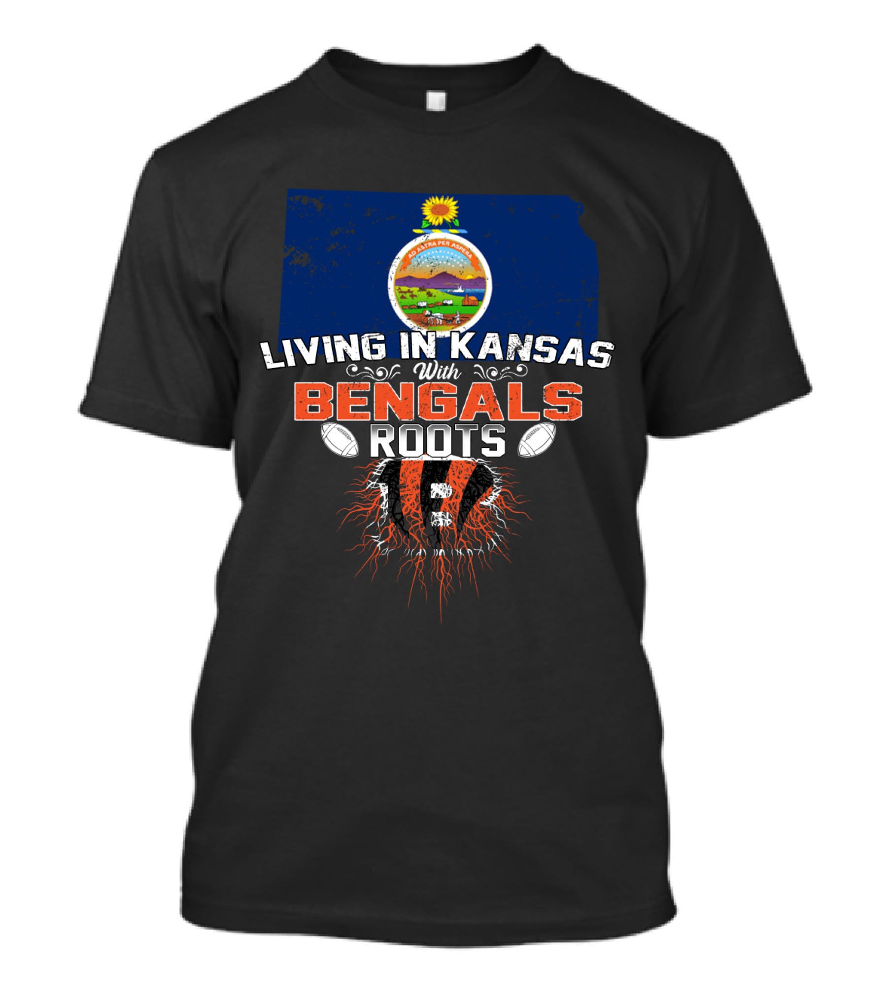 Living In Kansas With Bengals Roots Kansas State Flag Cincinnati Bengals Football Roots T-Shirt