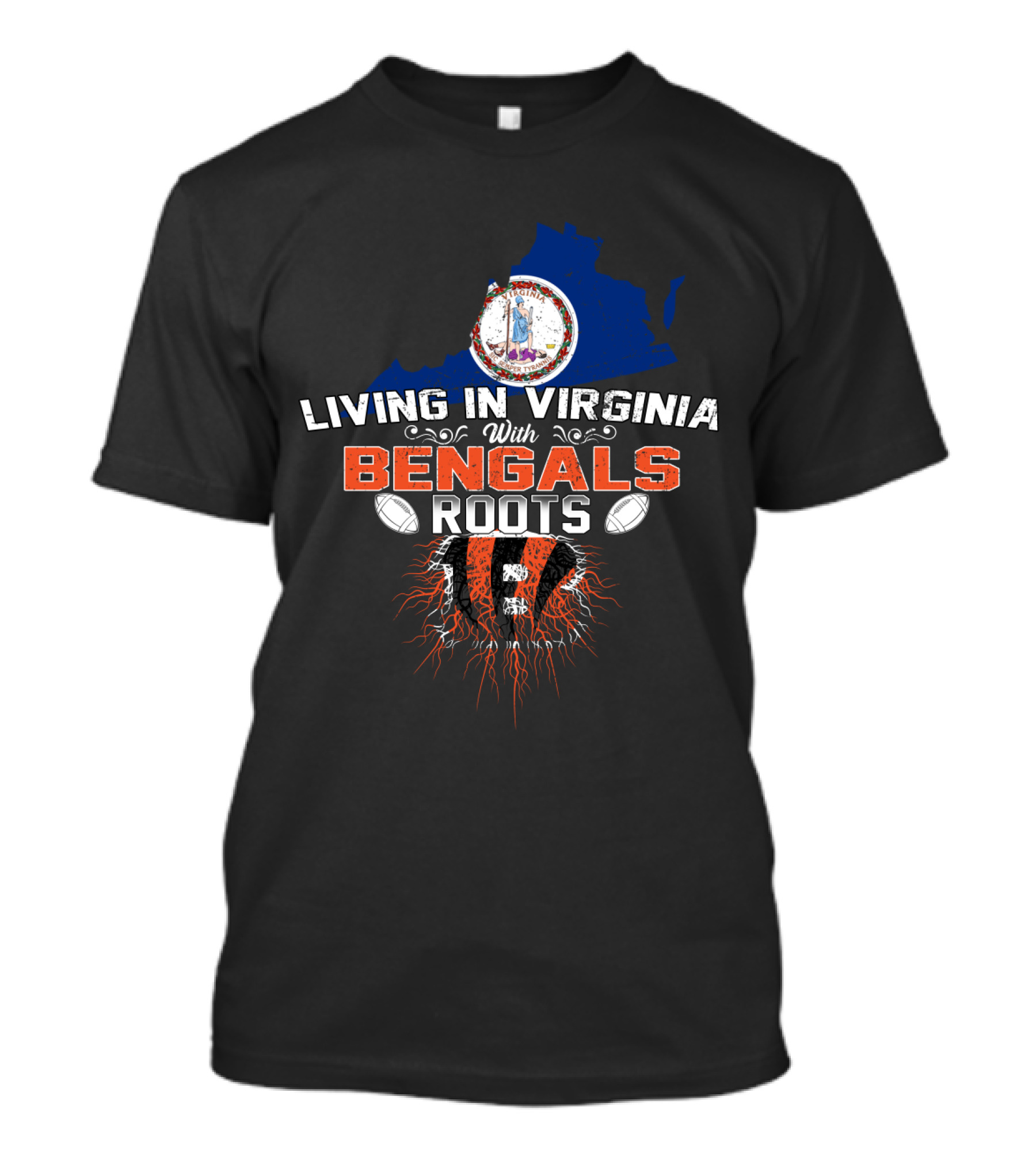 Living In Virginia With Bengals Roots Virginia Map And Football T-Shirt