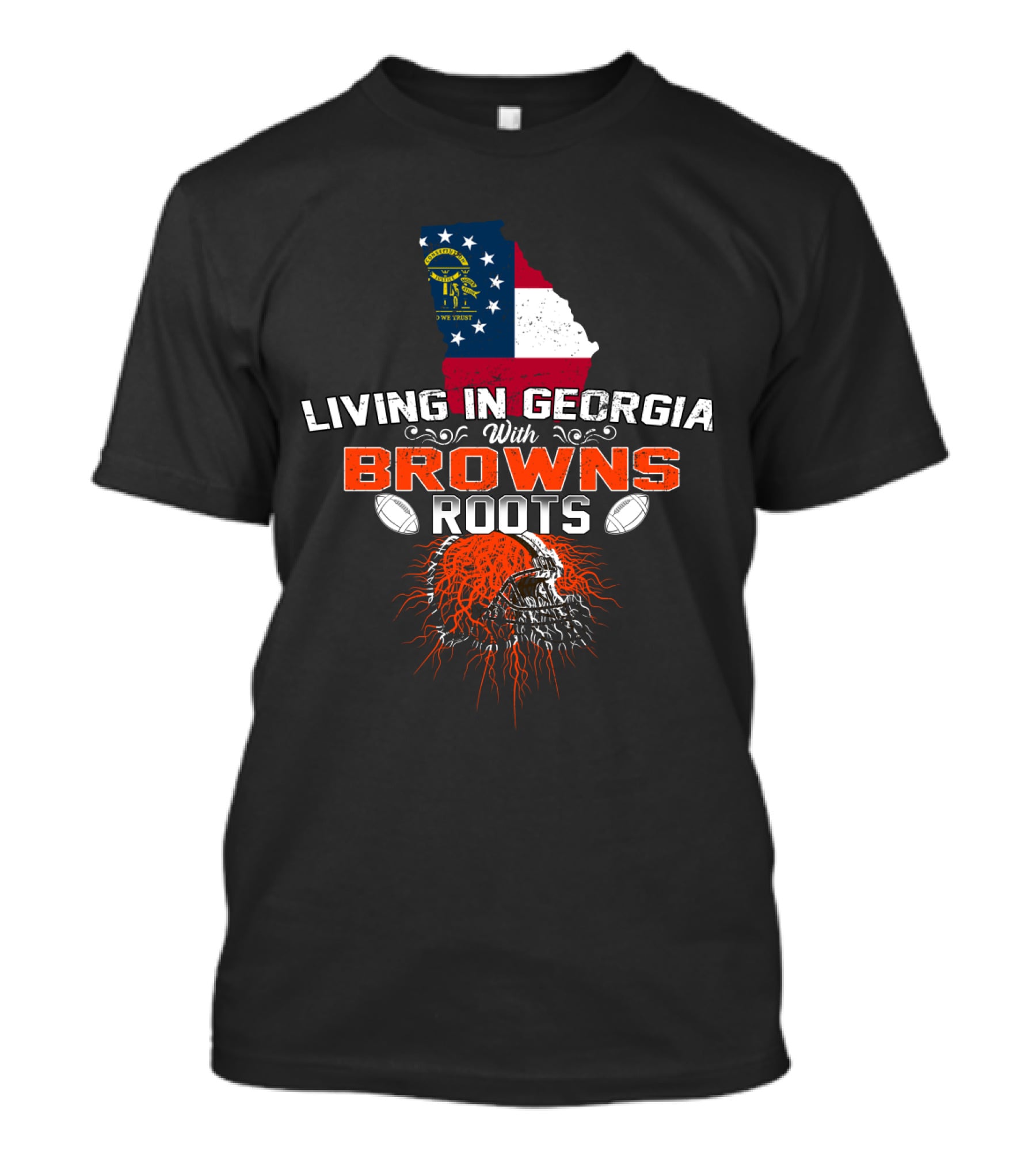 Living In Georgia With Browns Roots Football Helmet And State Flag T-Shirt