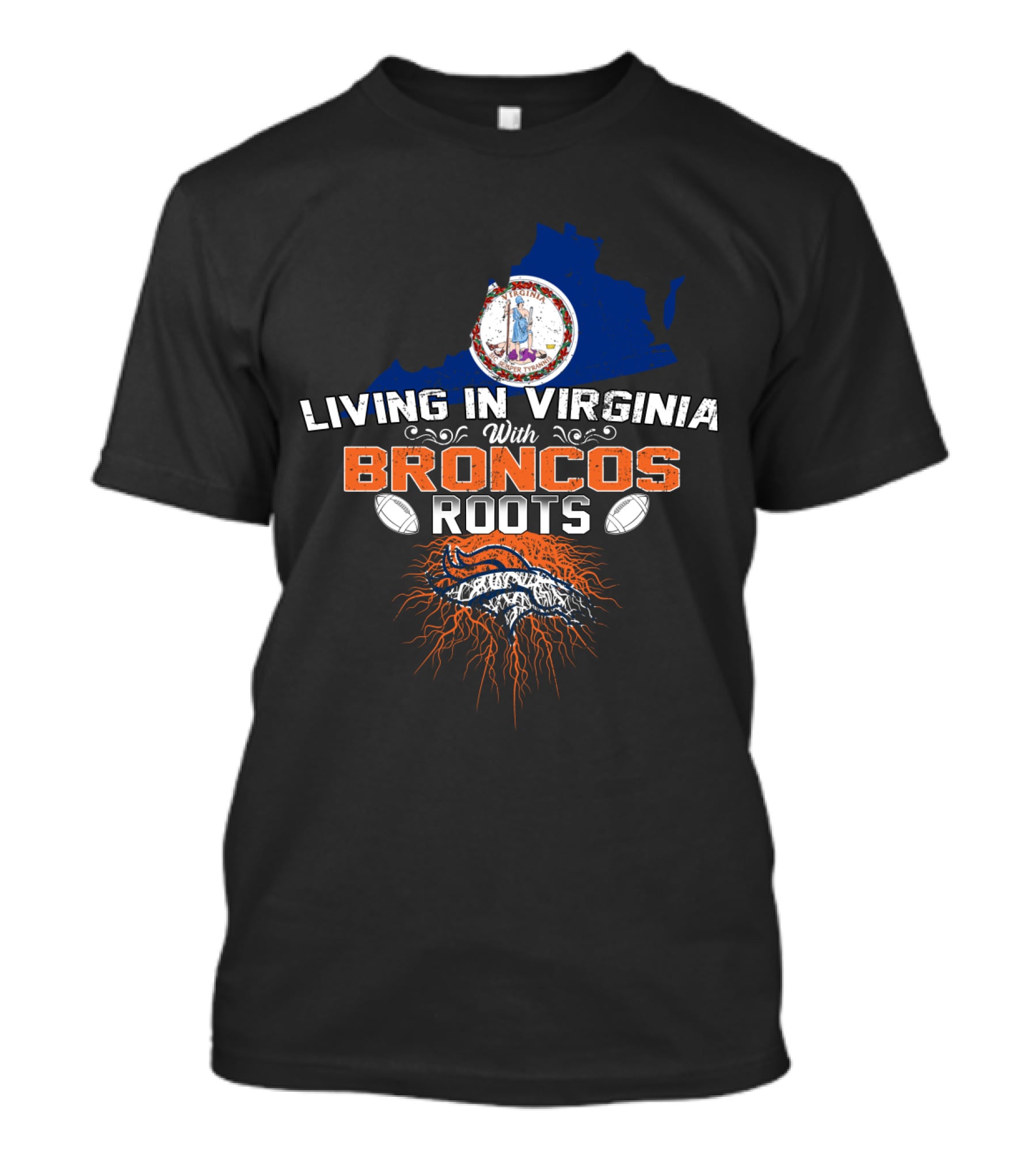 Living In Virginia With Broncos Roots Logo And Virginia State Map T-Shirt