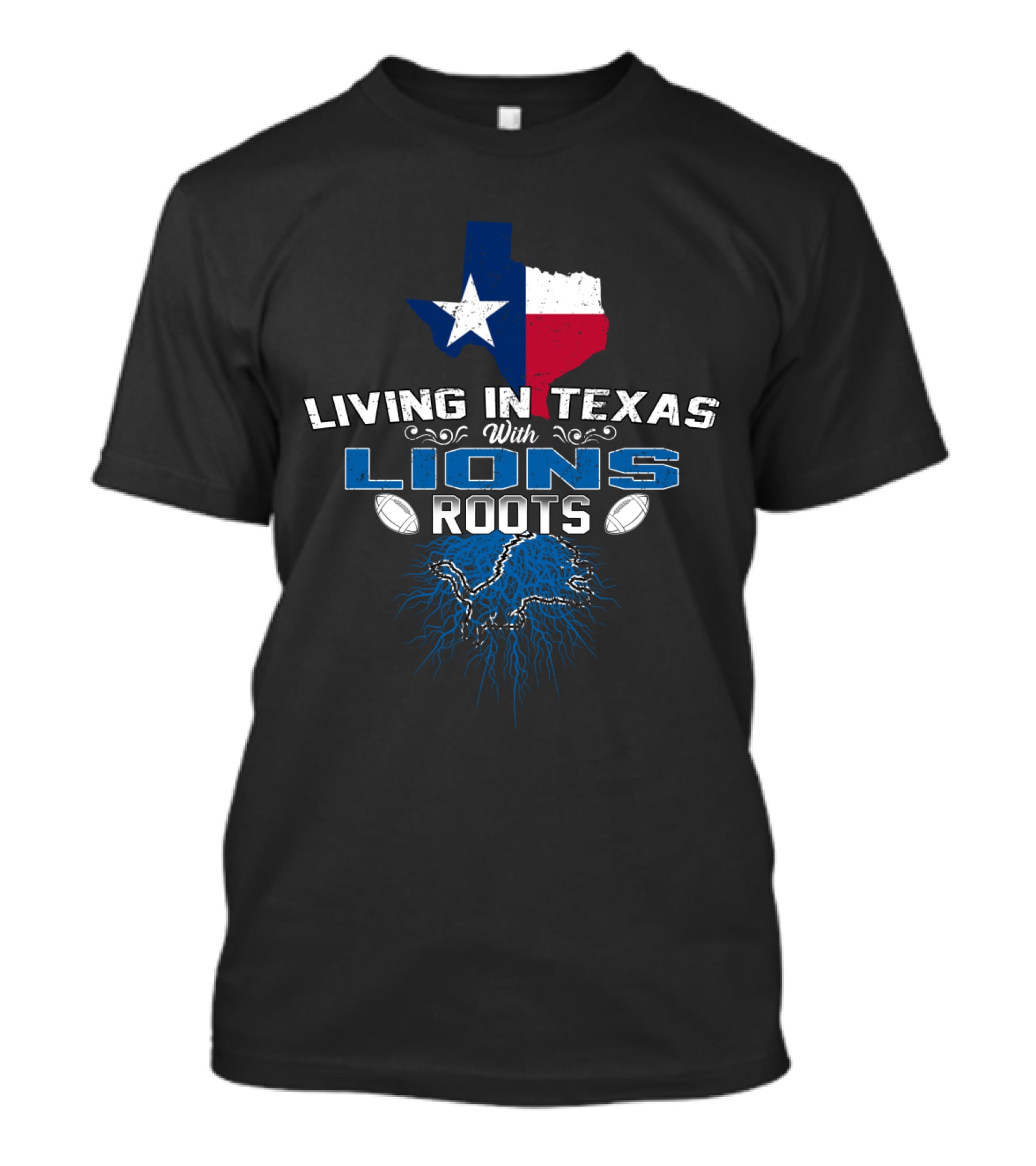 Living In Texas With Lions Roots Texas Map And Football T-Shirt