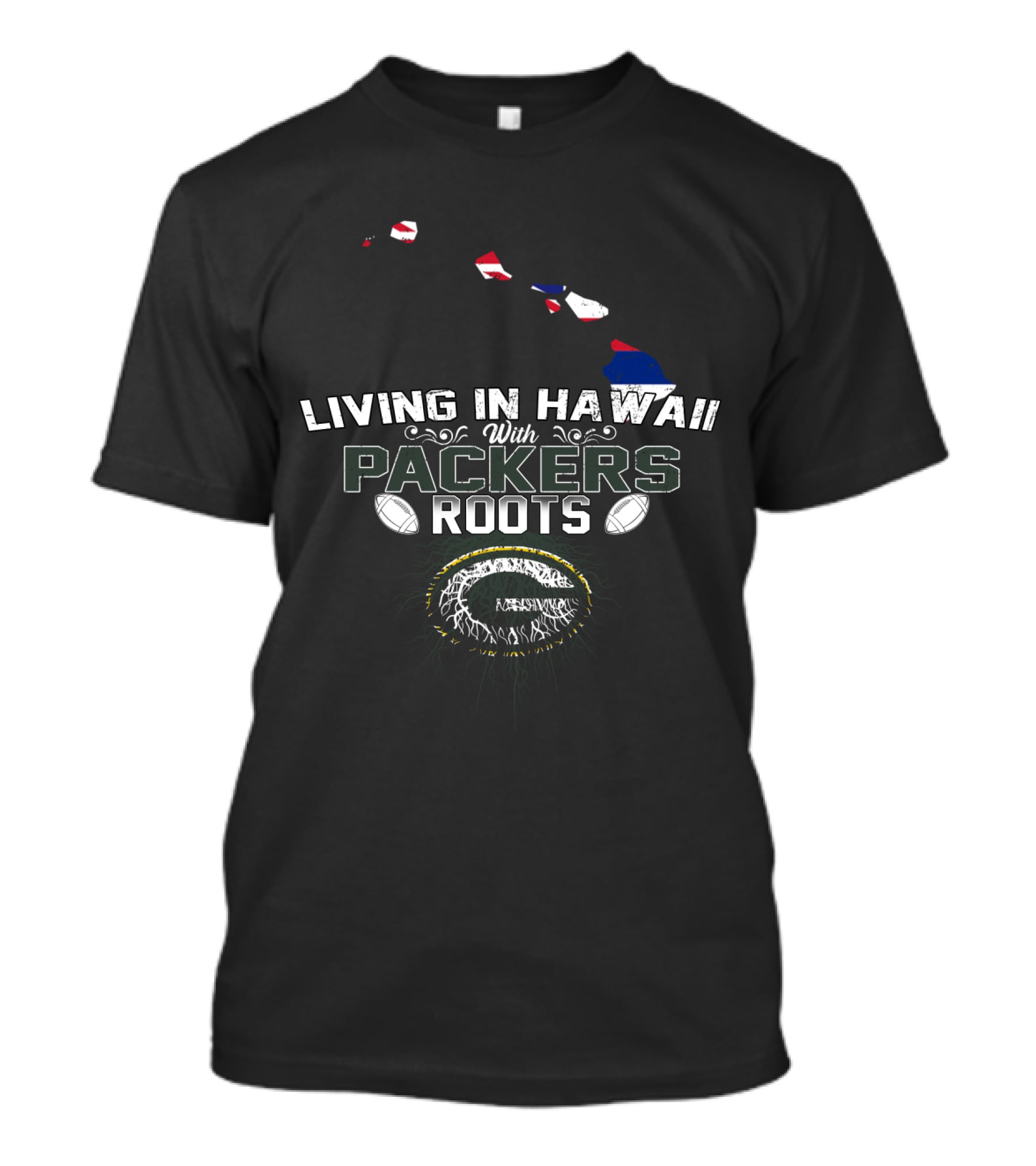 Living In Hawaii With Green Bay Packers Roots Football Fan Map T-Shirt