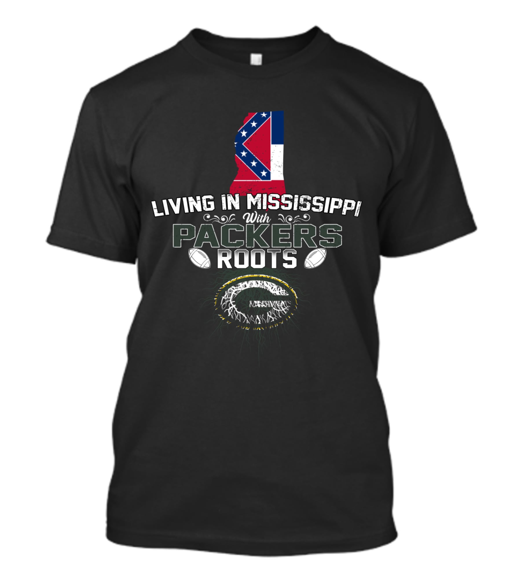 Living In Mississippi With Packers Roots Confederate Flag And Green Bay Packers T-Shirt