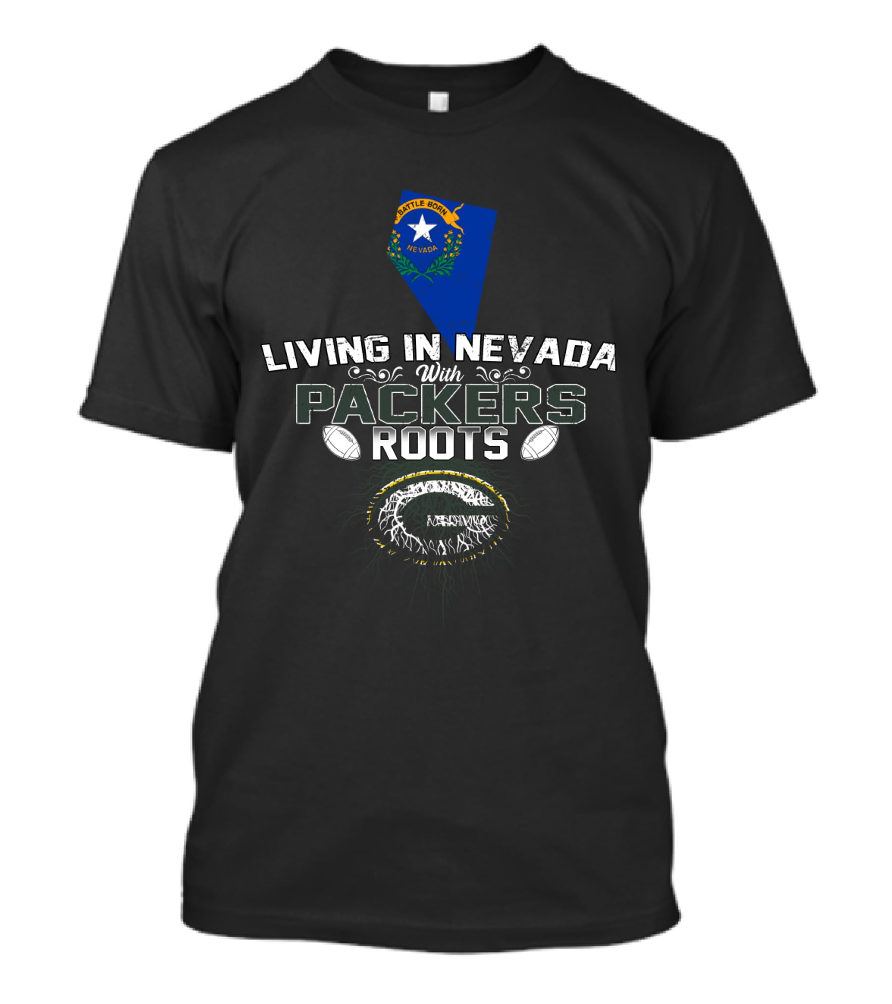 Living In Nevada With Packers Roots Nevada State Flag Green Bay Packers T-Shirt
