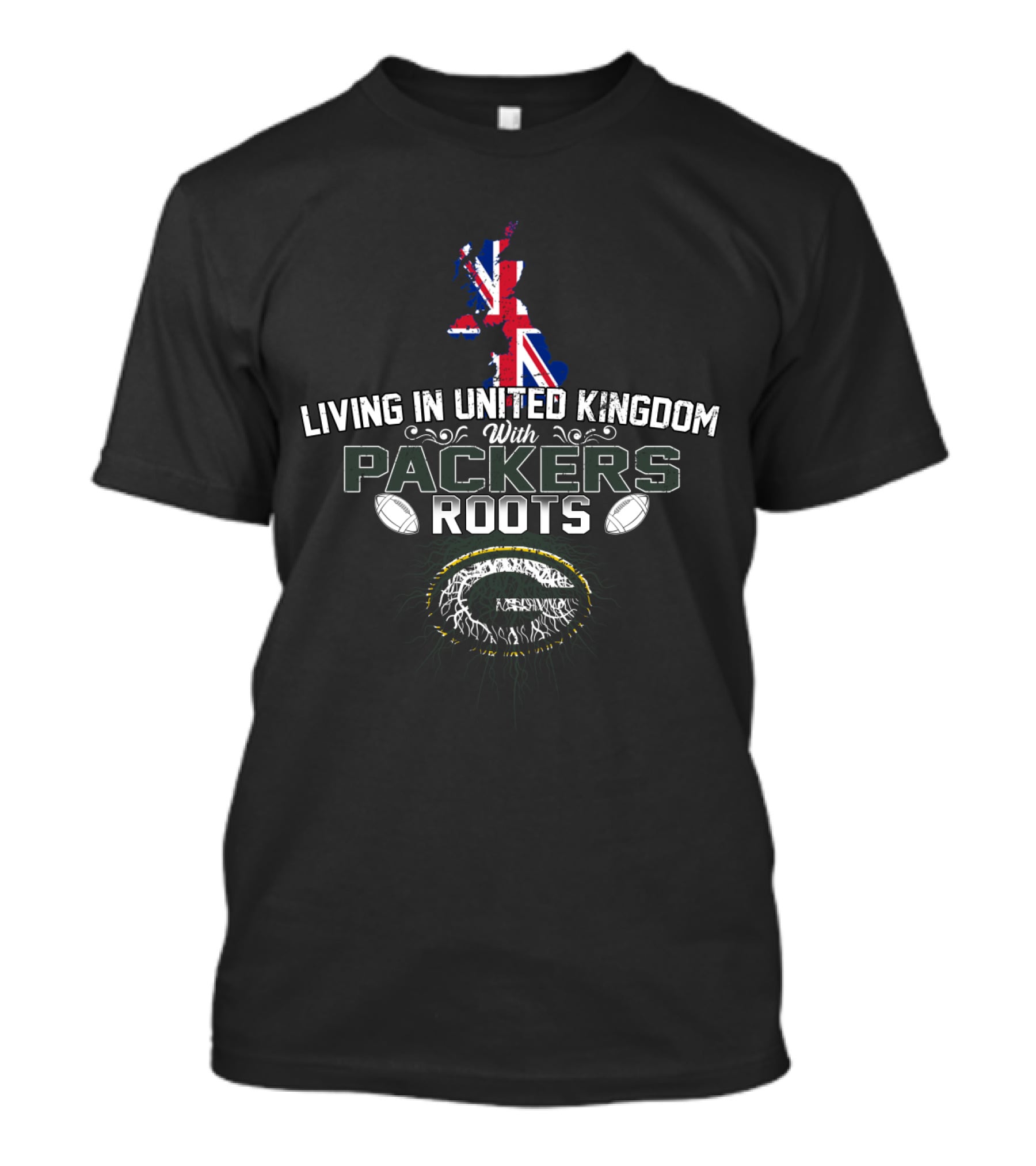 Living In United Kingdom With Packers Roots Football Heritage Union Jack Map T-Shirt