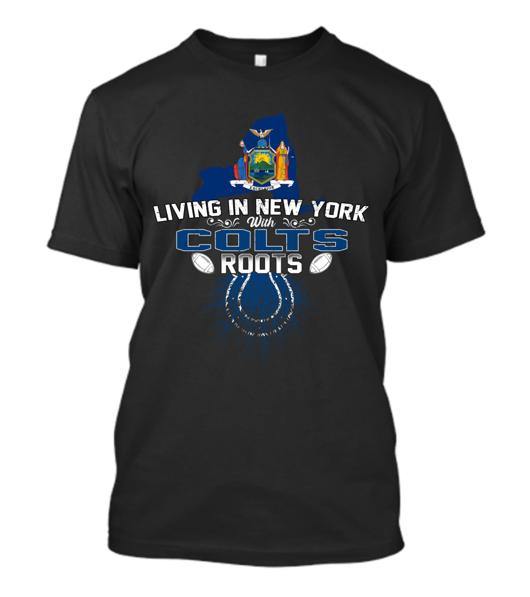 Living In New York With Colts Roots New York State Map Football Legacy T-Shirt