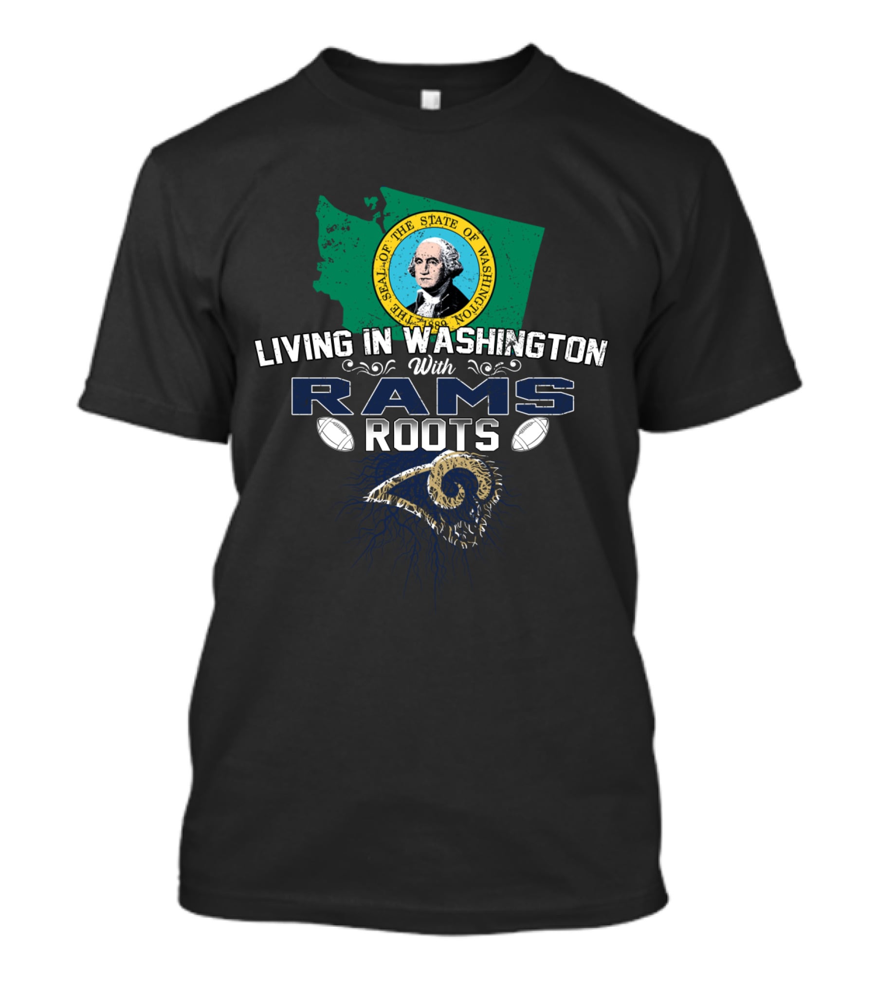 Living In Washington With Rams Roots State Seal Map Football T-Shirt