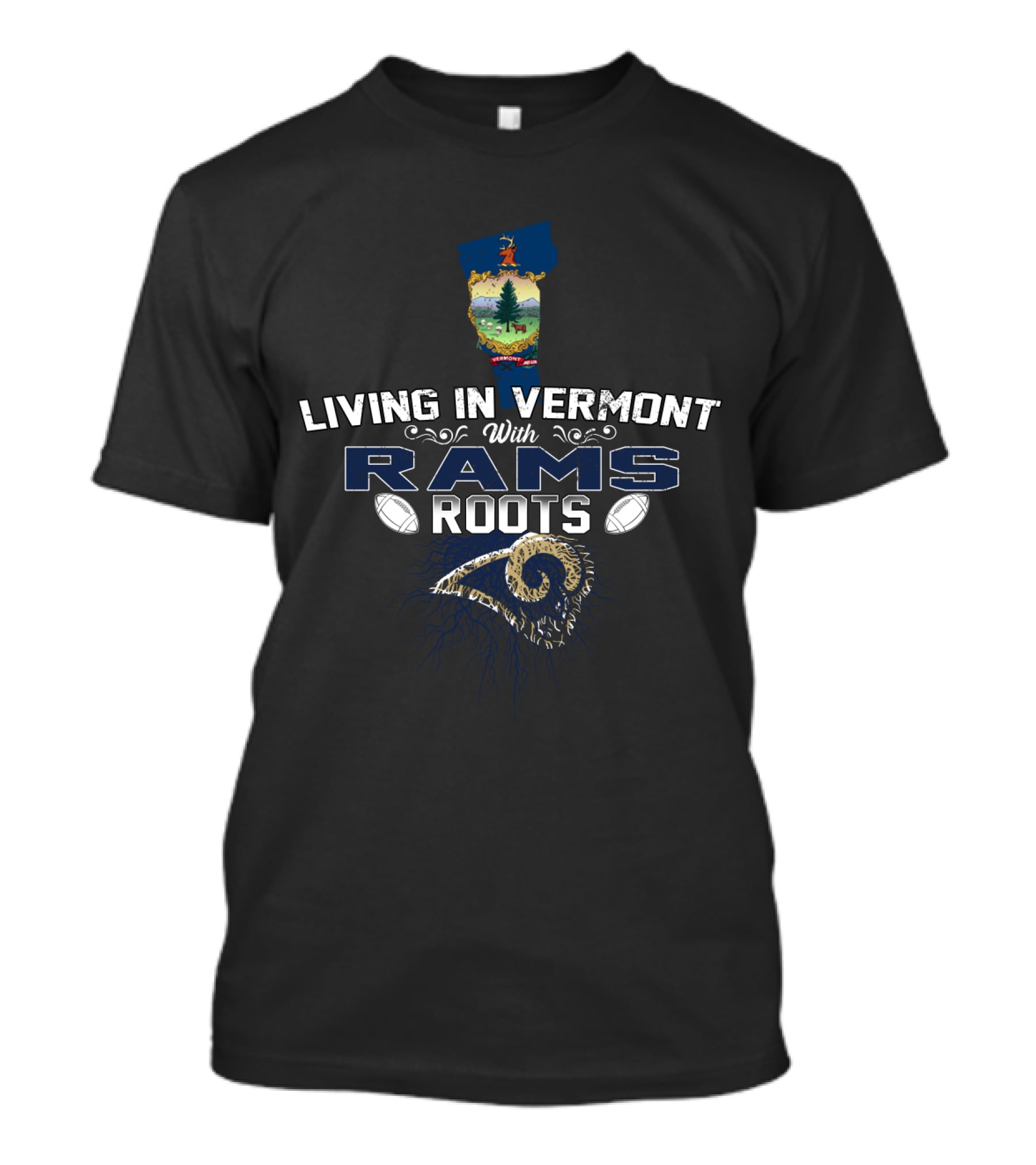 Living In Vermont With Rams Roots Football Heritage Vermont Map T-Shirt