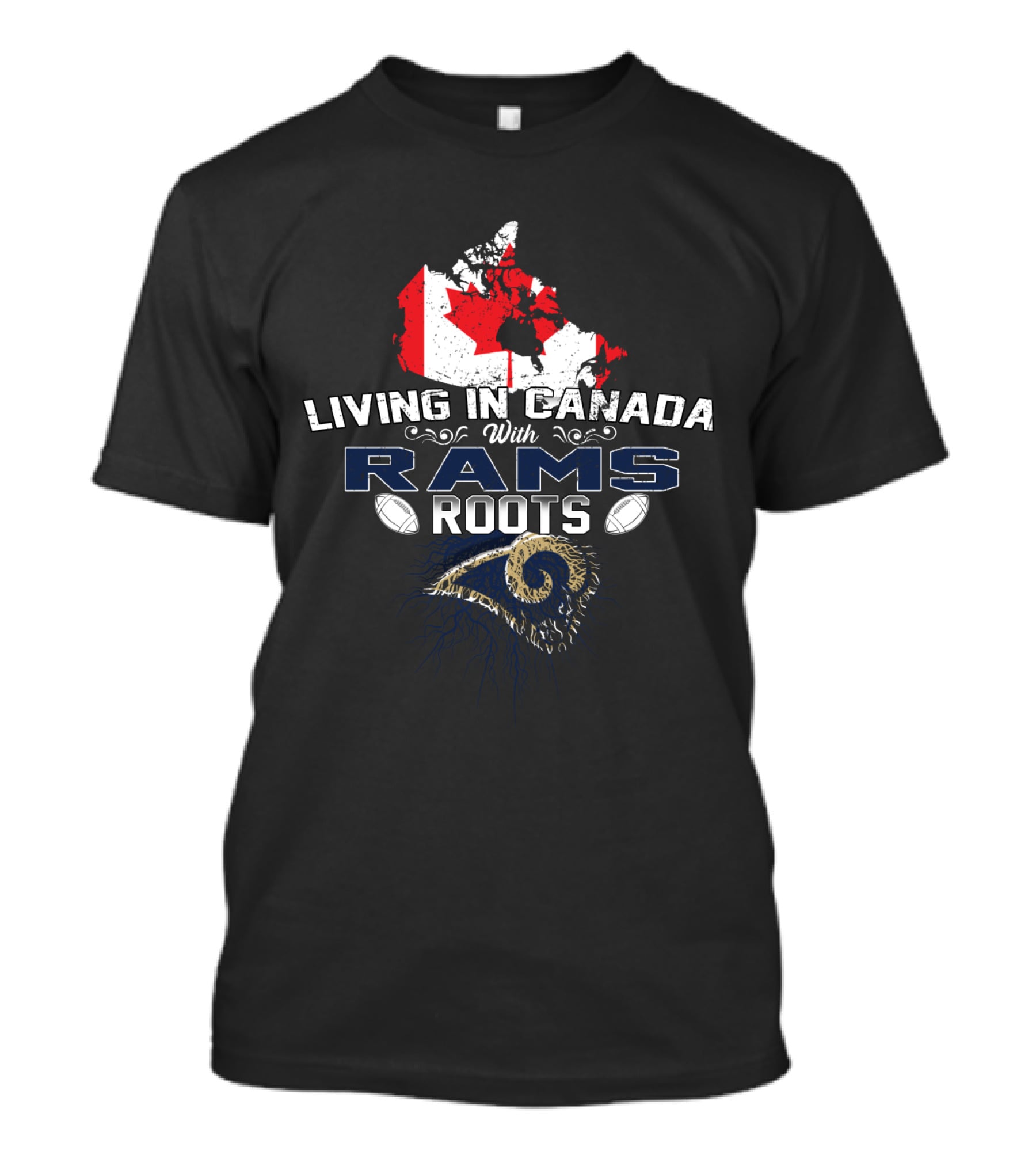 Living In Canada With Los Angeles Rams Roots Canada Flag Map T-Shirt
