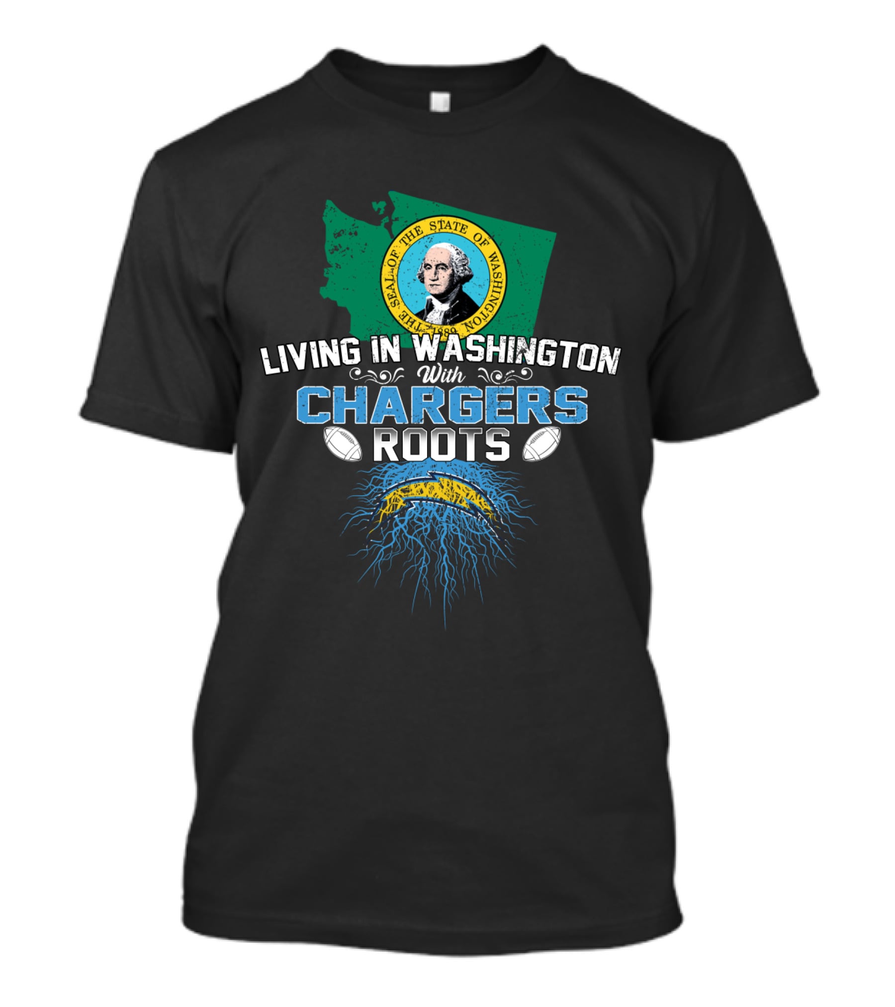 Living In Washington With Chargers Roots Seal Of Washington State Football T-Shirt