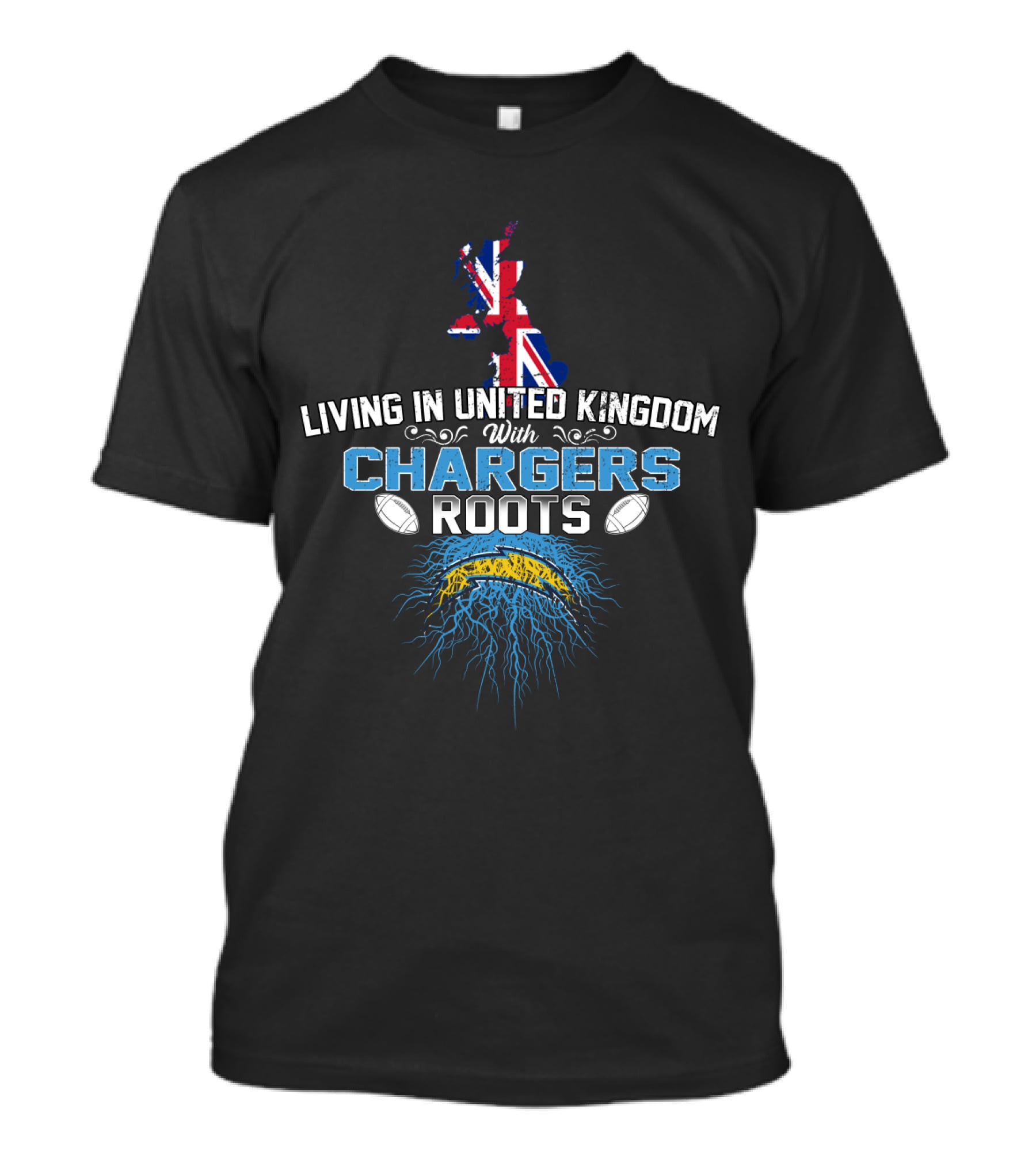 Living In United Kingdom Proud Chargers Roots Union Jack Rugby Football Connection T-Shirt