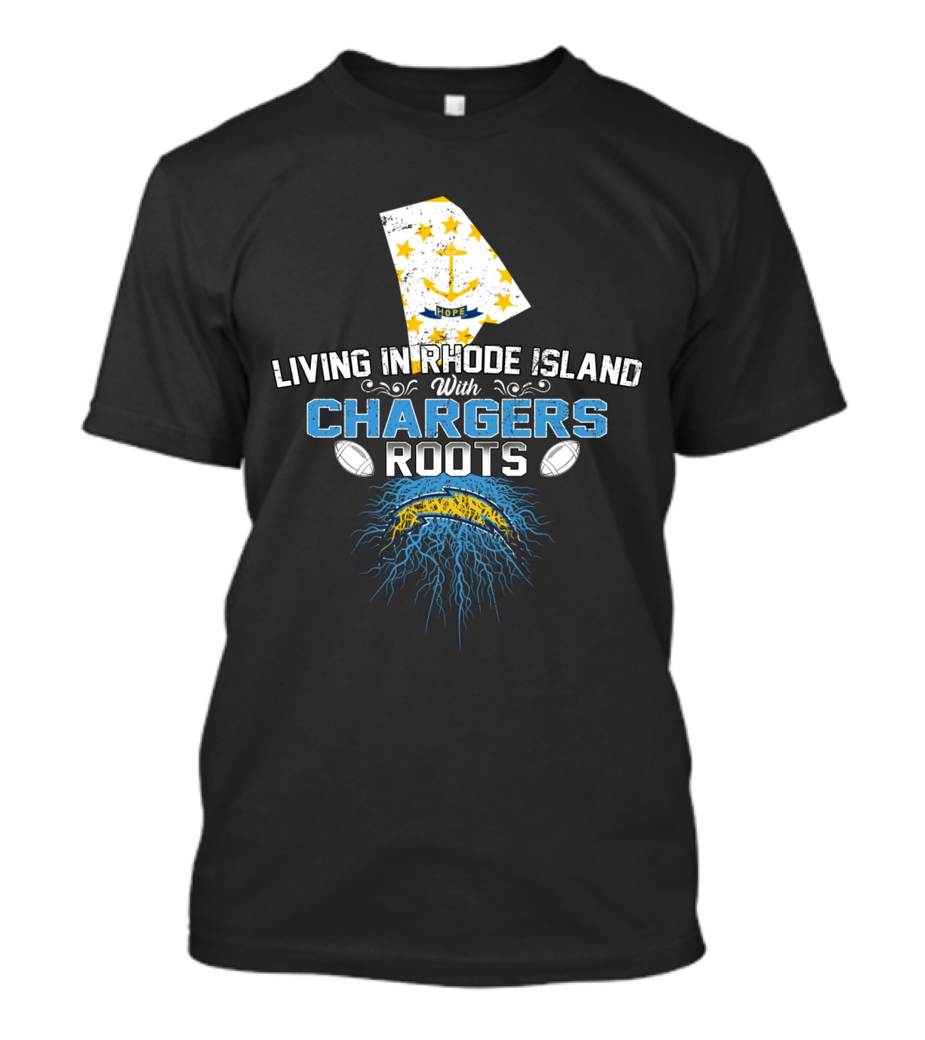 Living In Rhode Island With Chargers Roots Anchor Football T-Shirt
