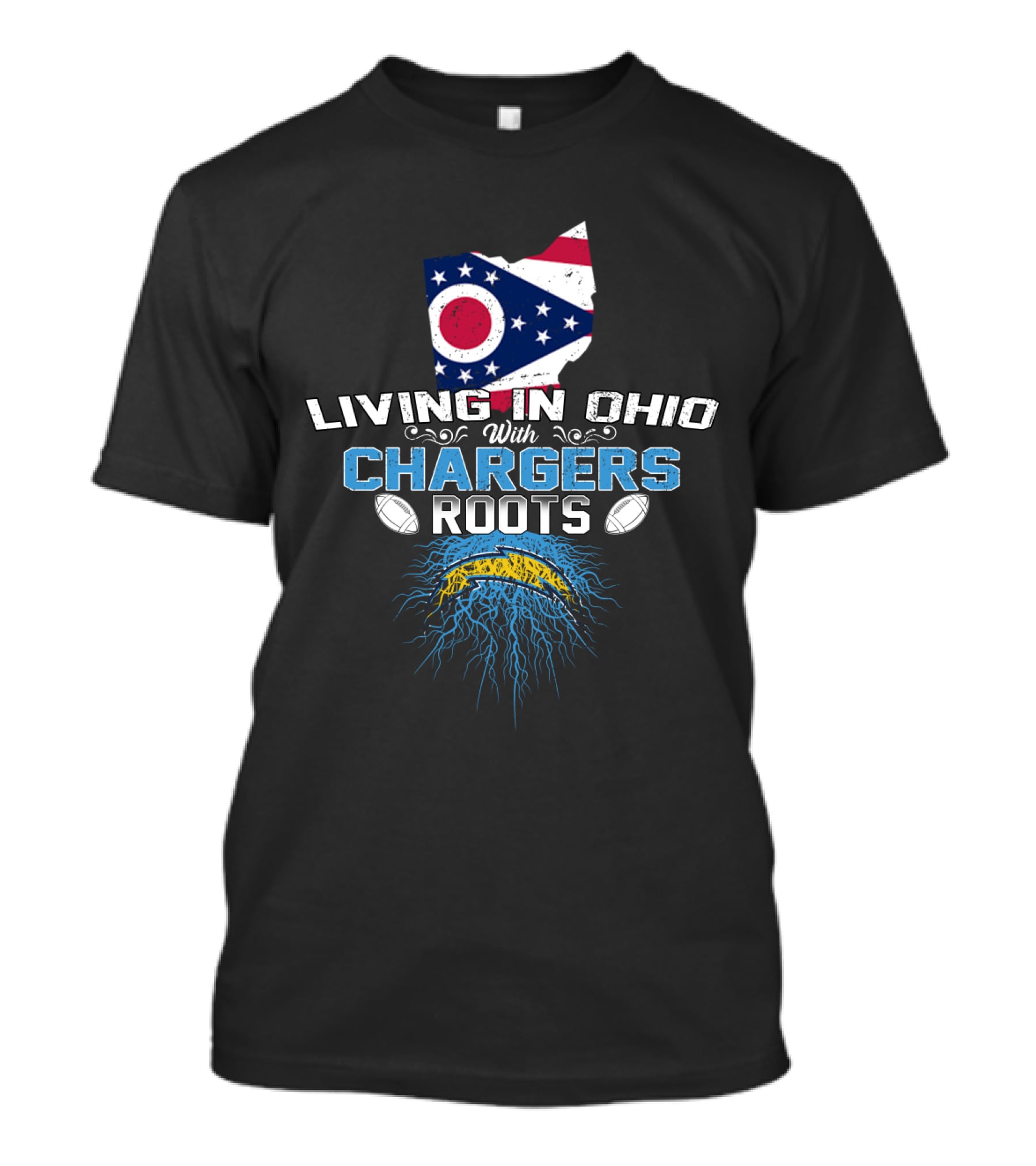 Living In Ohio With Chargers Roots And Ohio Flag Charger Bolt T-Shirt