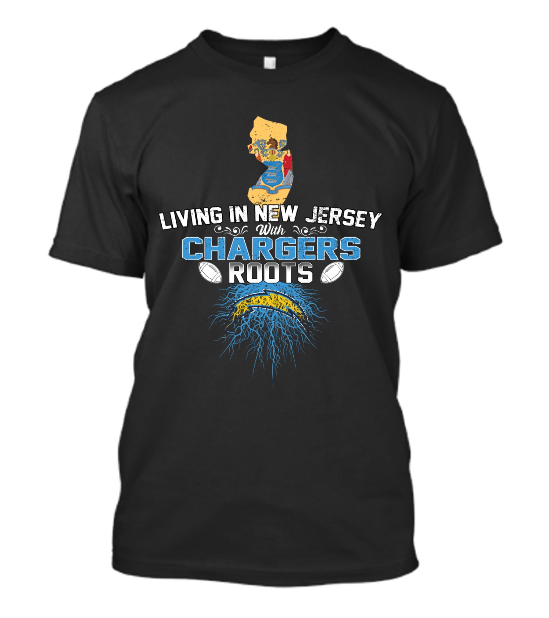 Living In New Jersey With Chargers Roots Map And Football T-Shirt