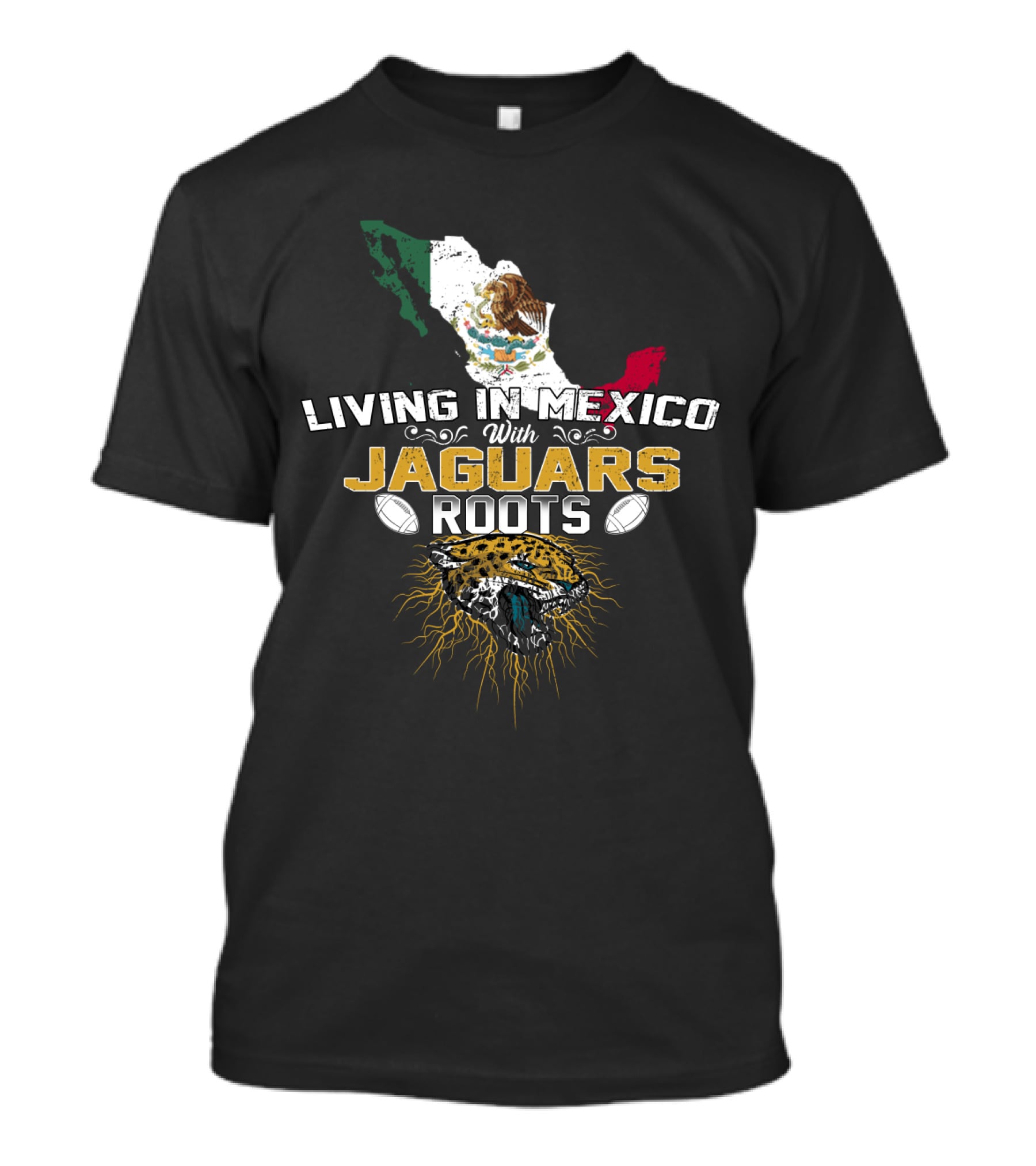 Living In Mexico With Jaguars Roots Map Flag Emblem T-Shirt