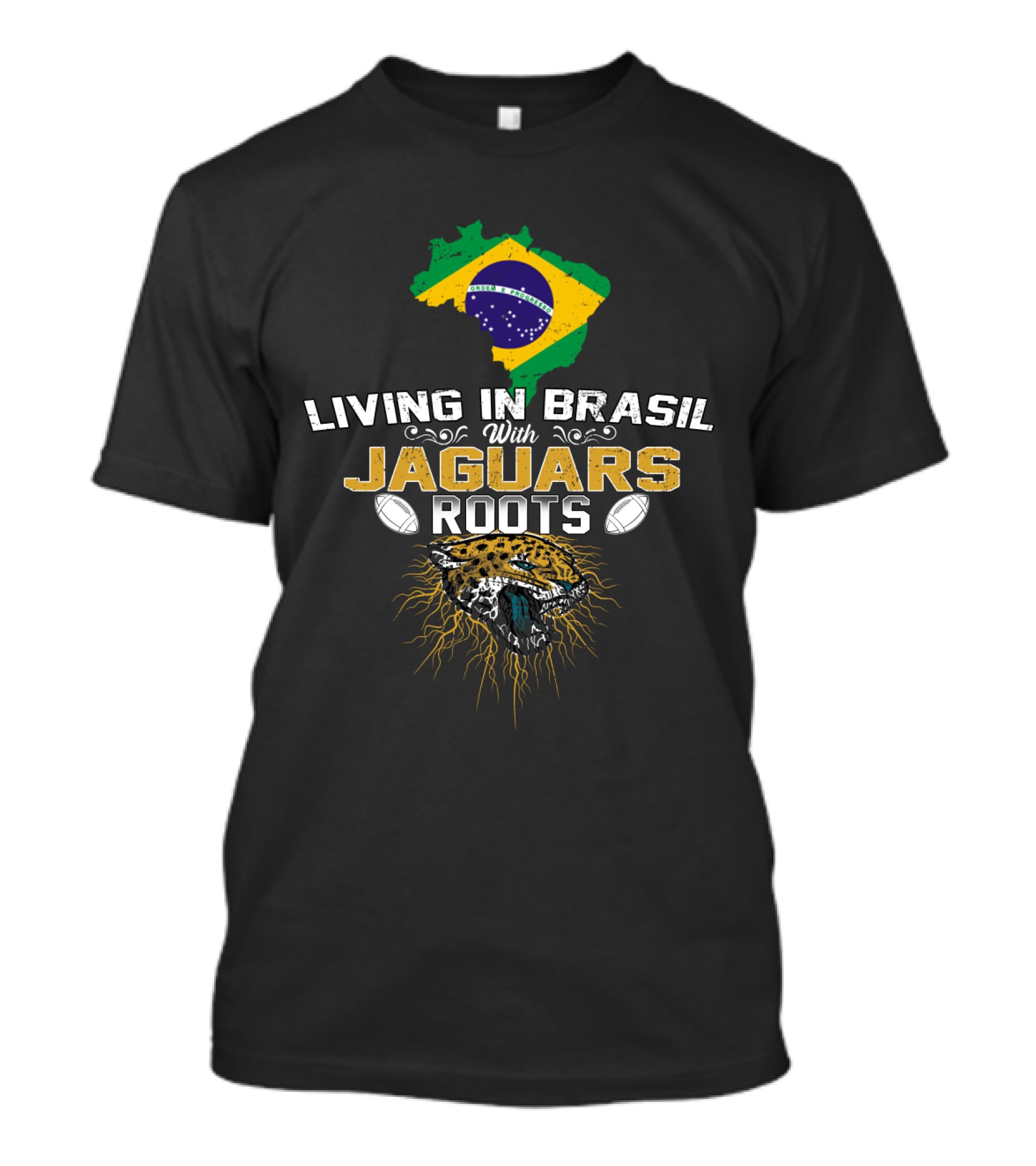 Living In Brasil With Jaguars Roots Brazil Flag Jaguar Footballs T-Shirt